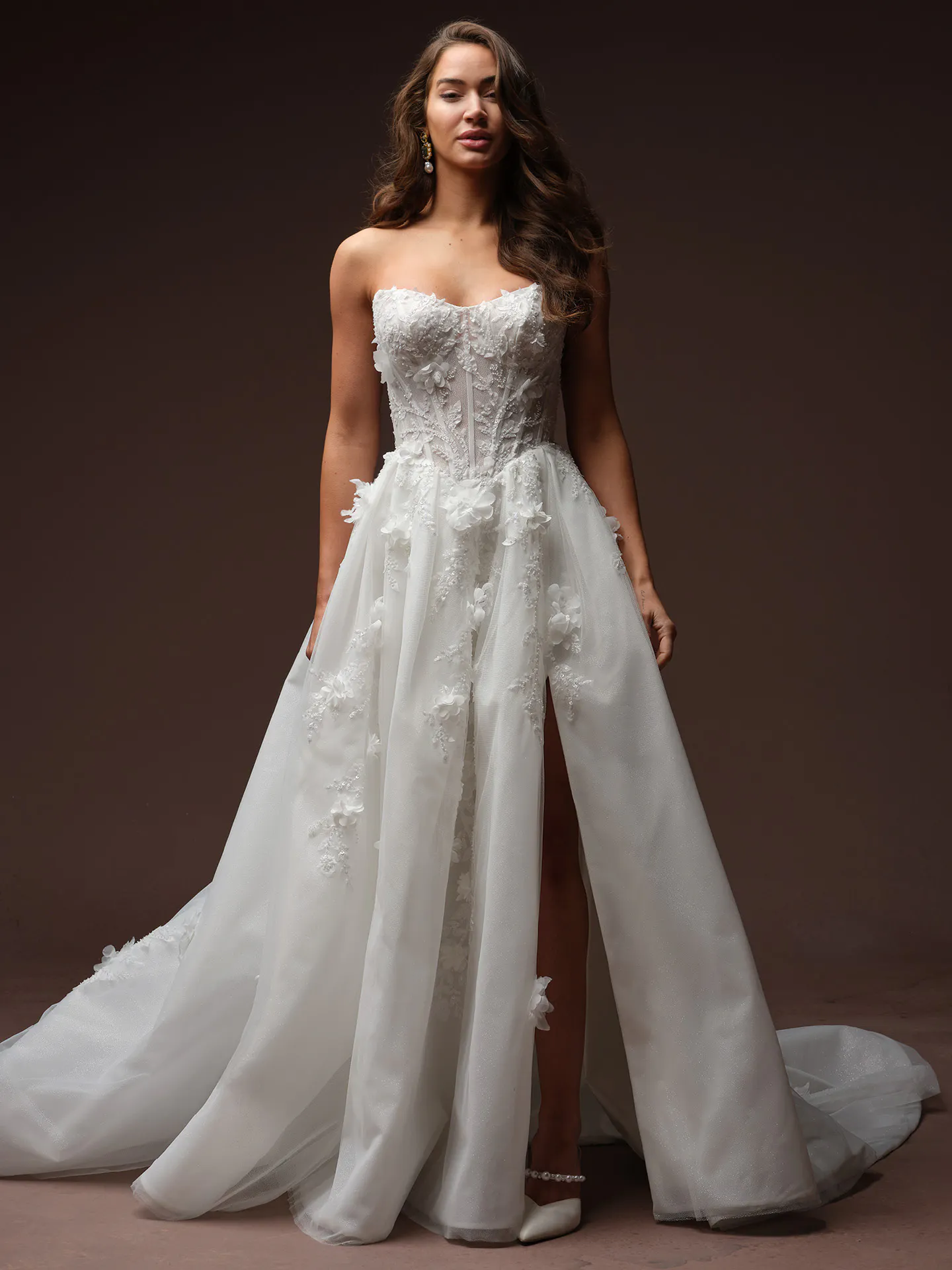 Maggie Sottero Fern front view, 3 D floral lace strapless wedding dress.