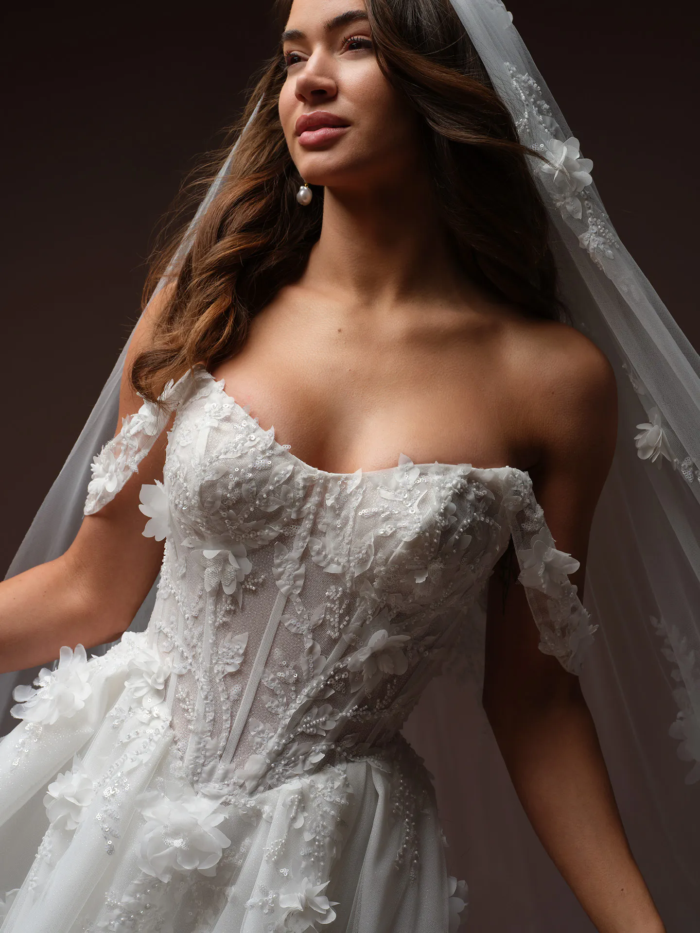 Maggie Sottero Fern detachable cap sleeves, front view.