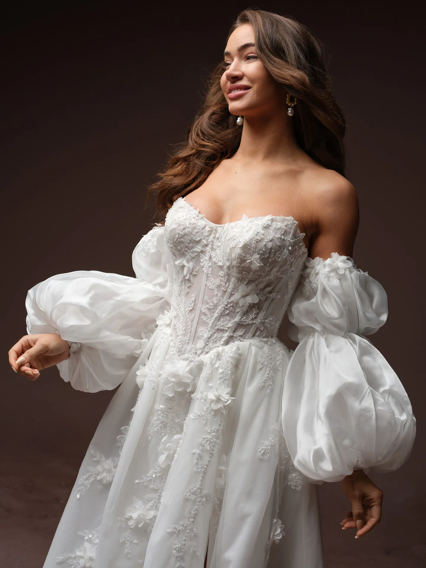 Maggie Sottero Fern detachable sleeves, front view.