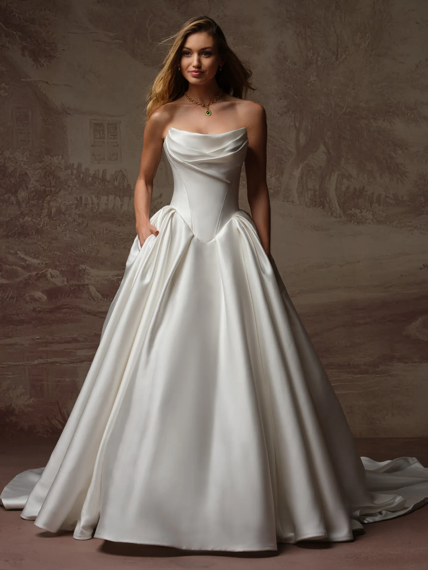 Maggie Sottero Fiorita front view draped bodice basque waist wedding dress.