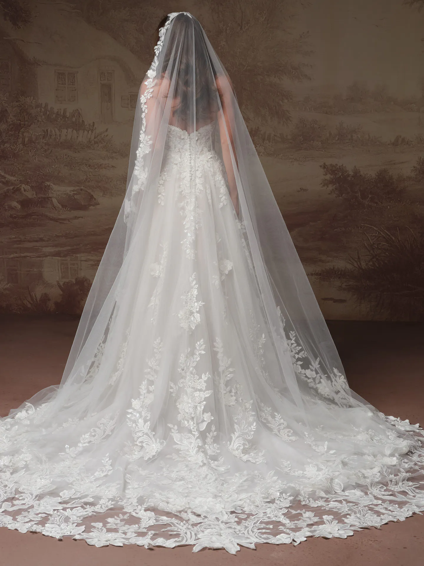Kate beaded A Line wedding dress back view, long floral lace veil.