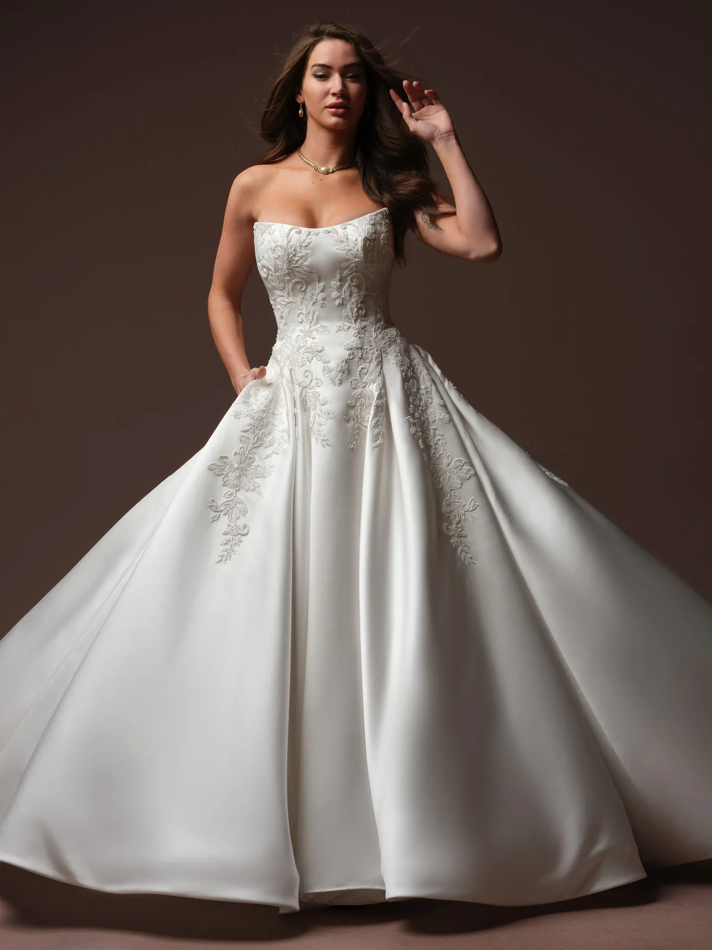 Maggie Sottero Landis front view, sequin lace satin ballgown wedding dress.
