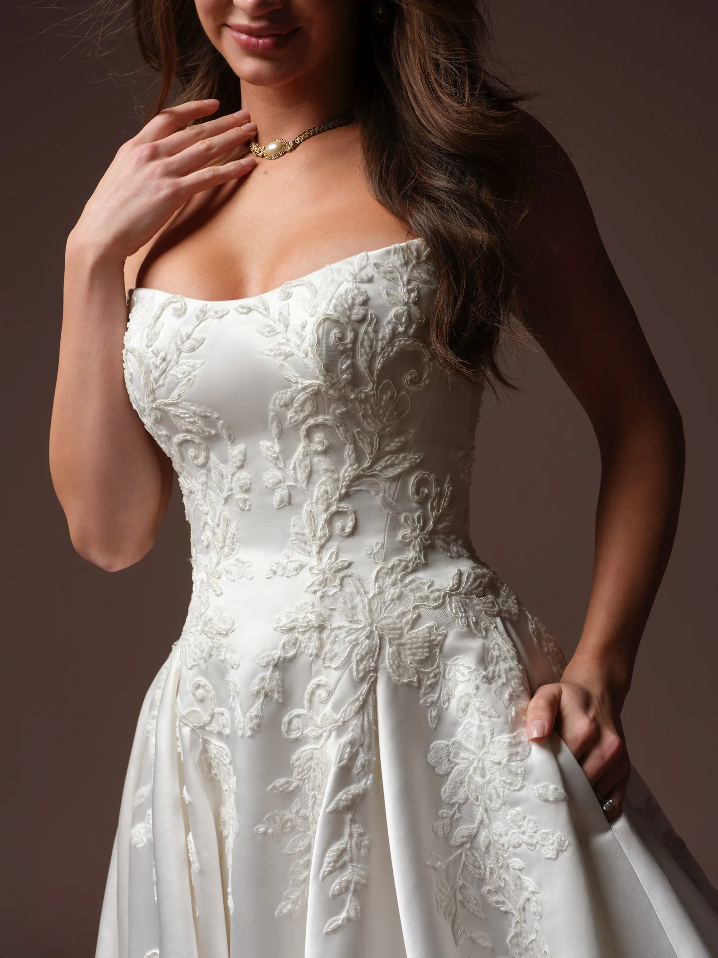 Maggie Sottero Landis lace satin ballgown front view.