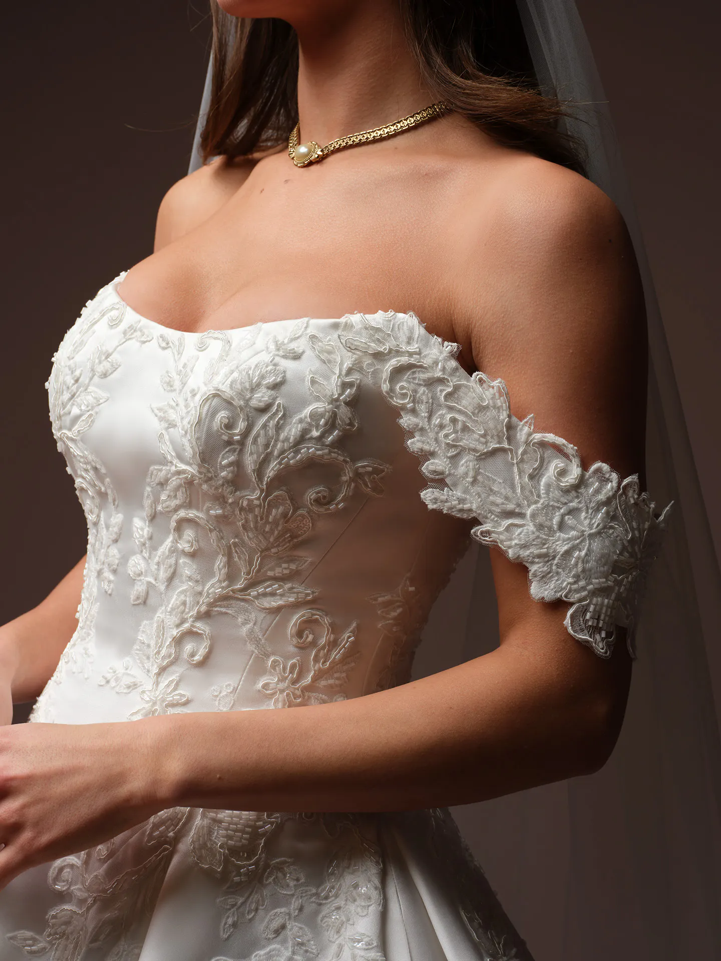 Maggie Sottero Landis detachable cap sleeves, front view.