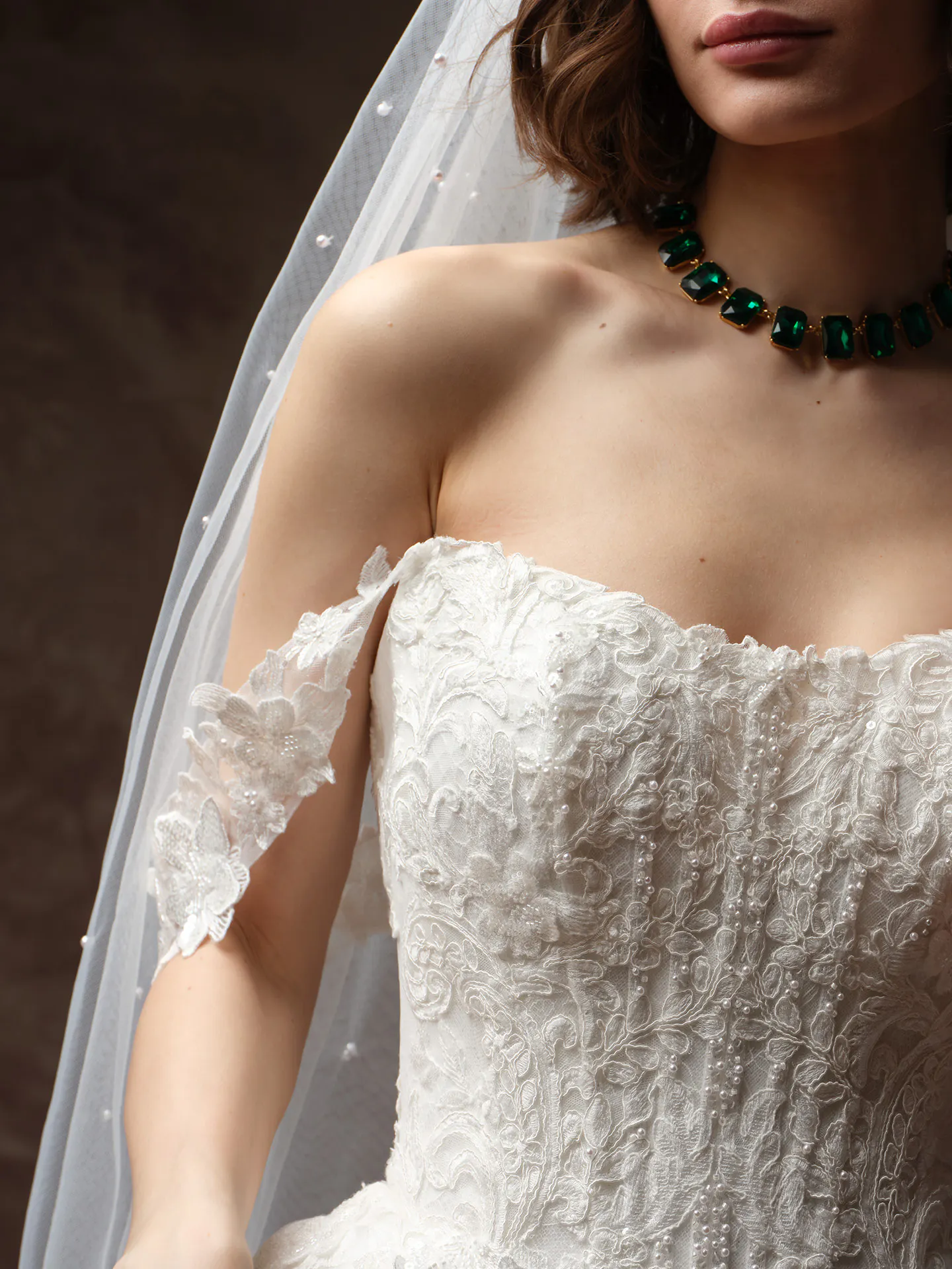 Maggie Sottero Lyra detachable cap sleeves, front view.