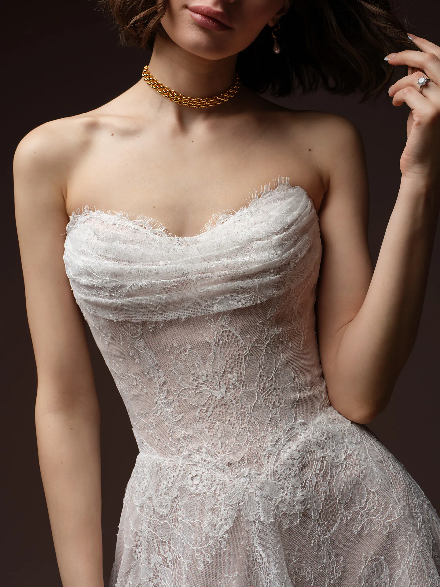 Maggie Sottero Maelle strapless lace bodice, close up.