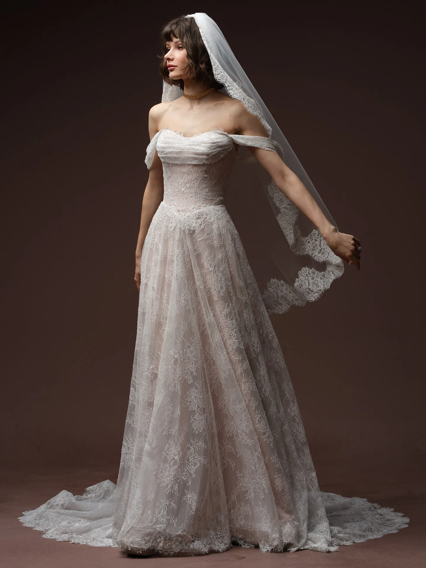 Maggie Sottero Maelle A Line dress front view with veil.