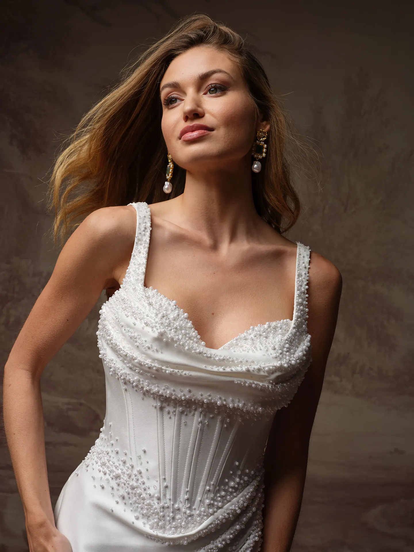 Maggie Sottero Melissa satin mermaid dress front view with pearl details.
