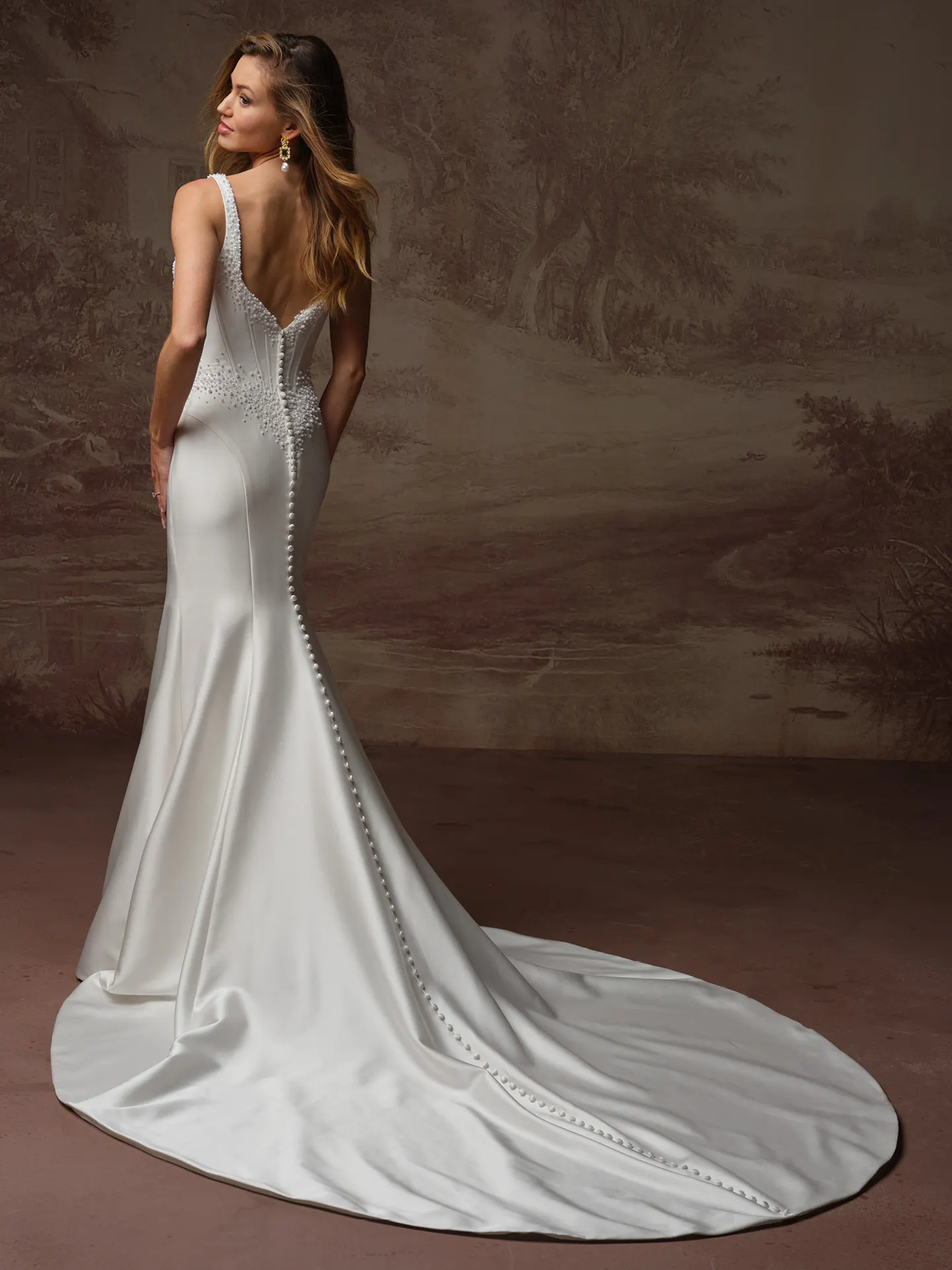 Maggie Sottero Melissa satin mermaid dress back view.