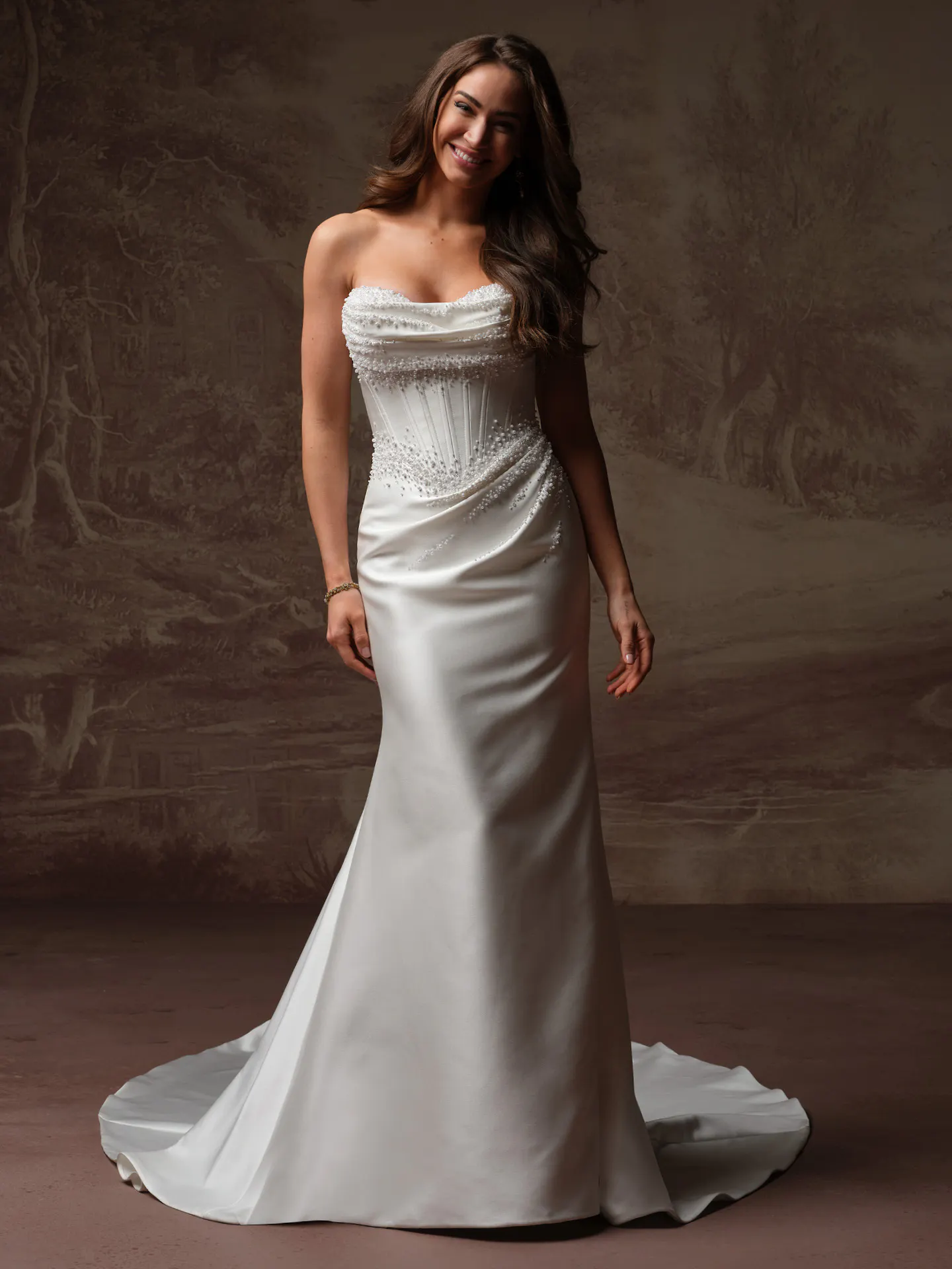 Maggie Sottero Melissa front view satin mermaid bridal dress with pearl detailing.