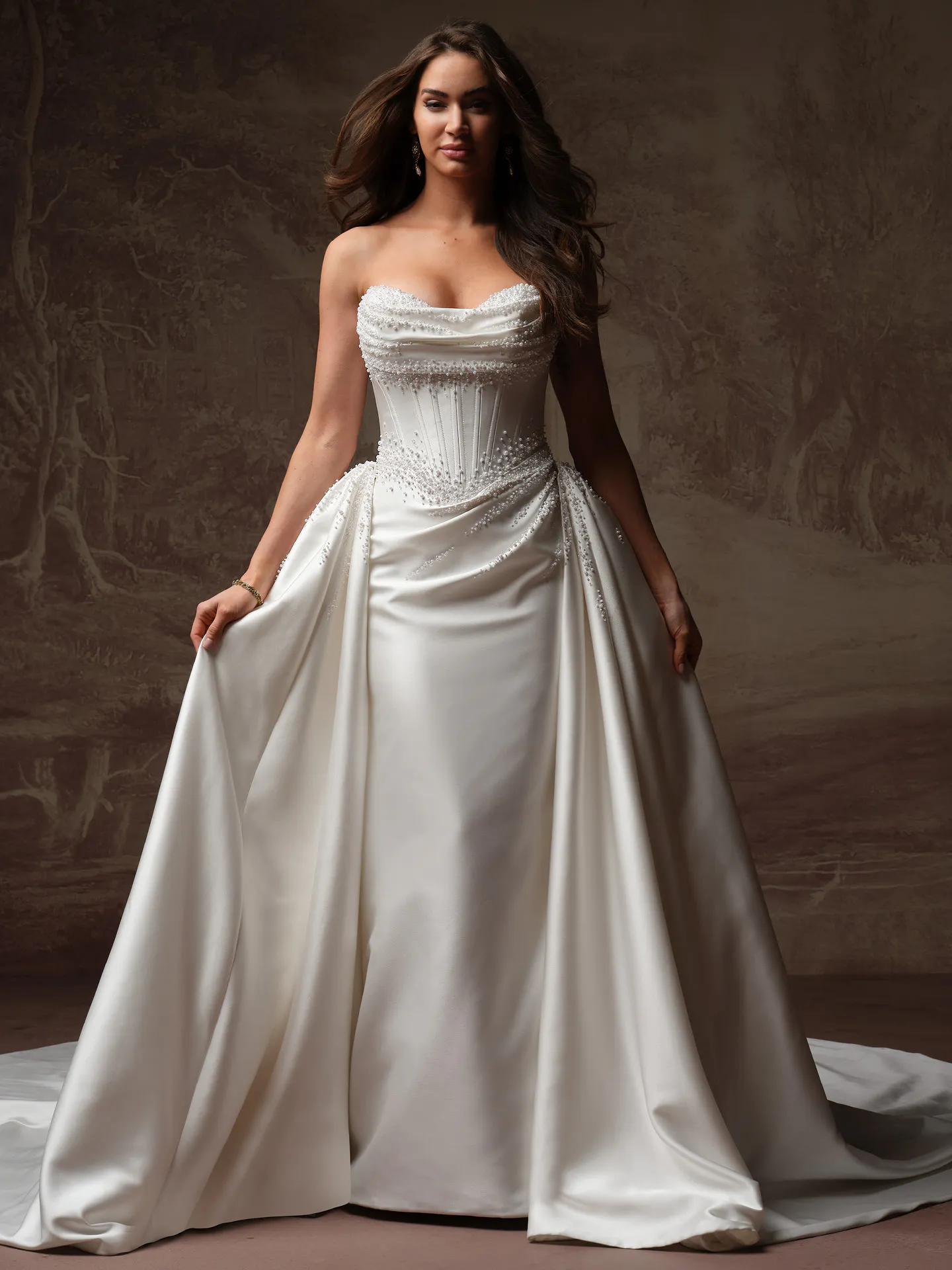 Maggie Sottero Melissa front view satin mermaid bridal dress with pearl details.