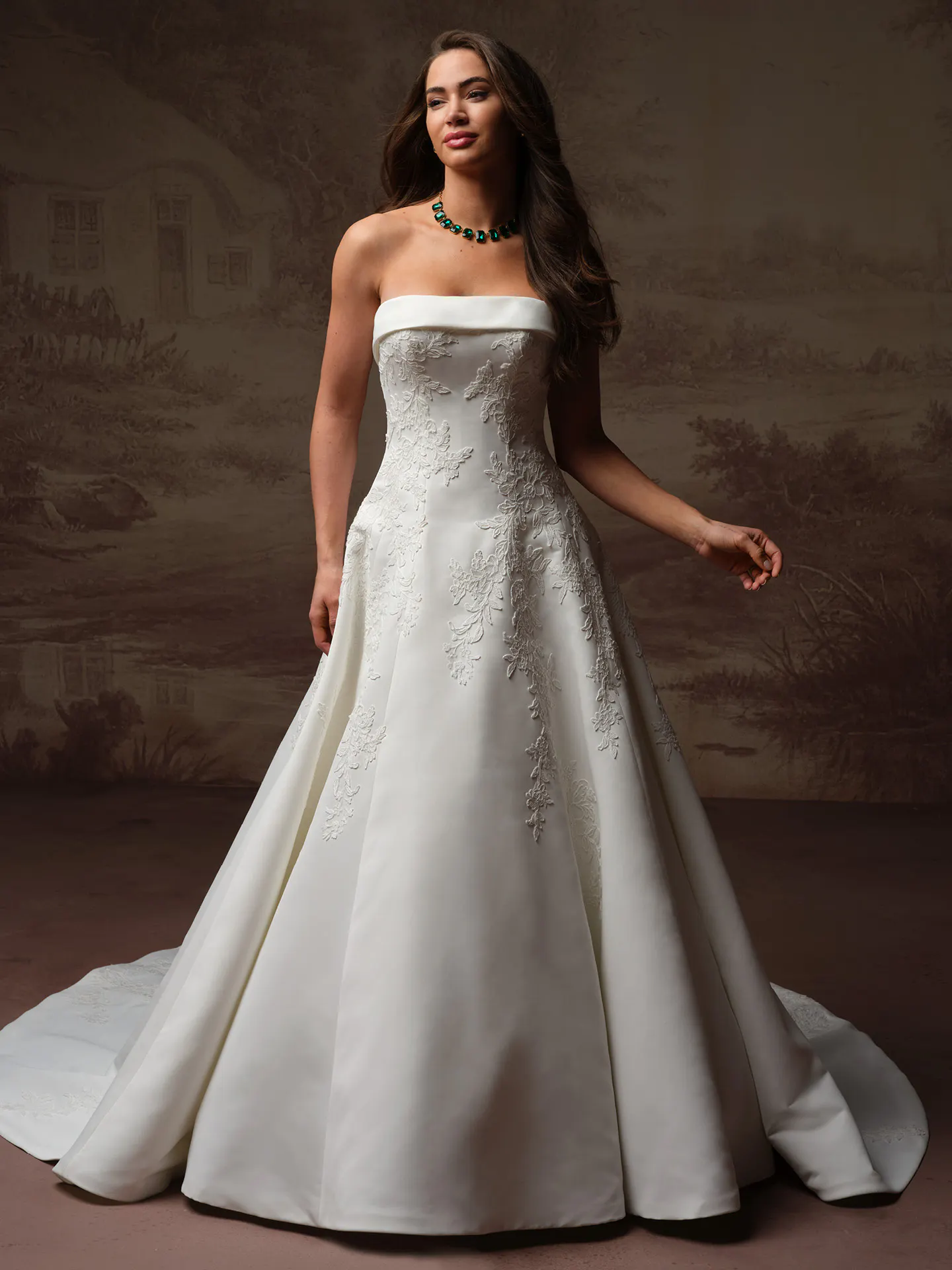 Maggie Sottero Mileva front view A Line wedding dress with lace detail.