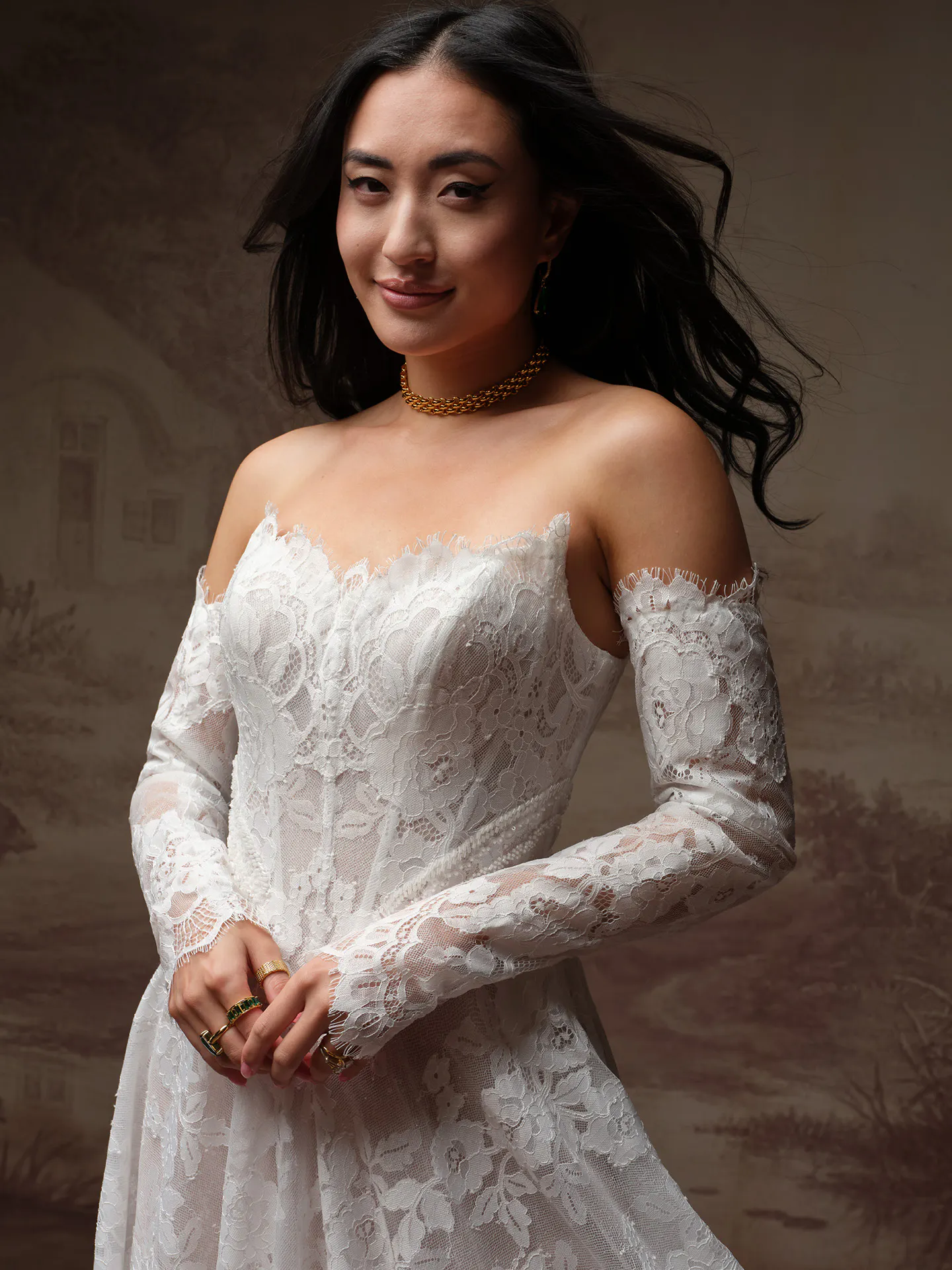Maggie Sottero Mischa detachable sleeves, front view.