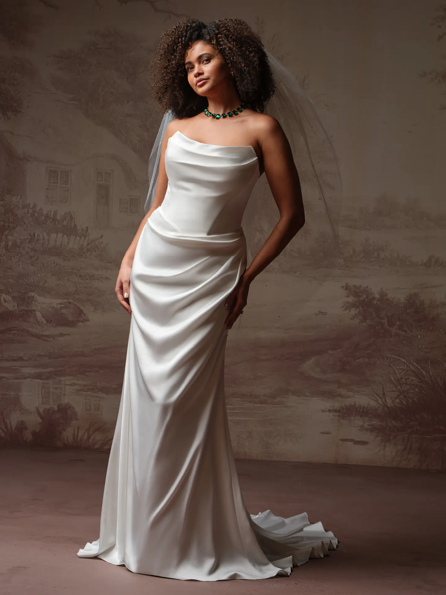 Maggie Sottero Prestyn front view draped bodice sheath wedding dress.
