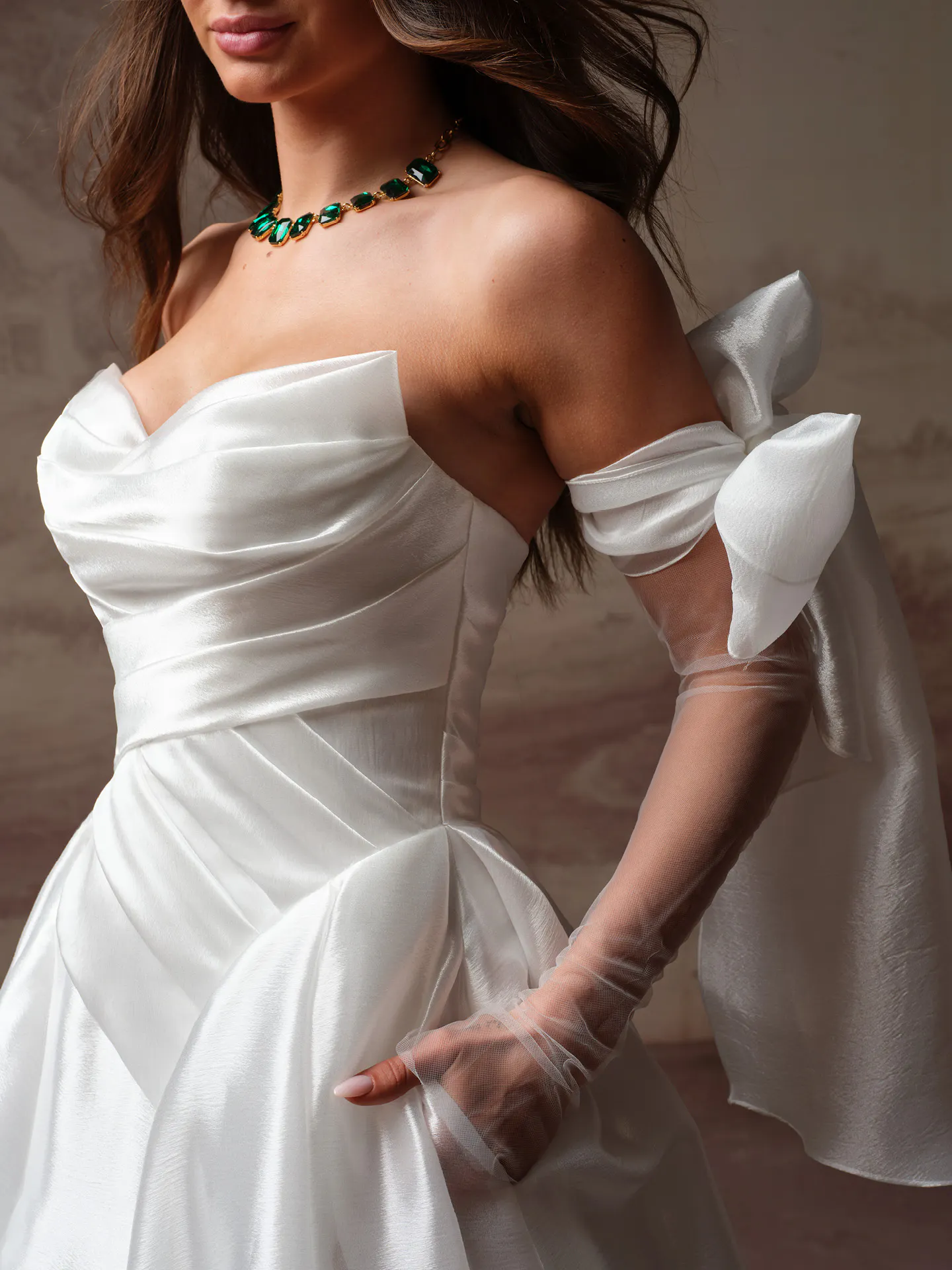Maggie Sottero Rosamund draped bodice ballgown side view.