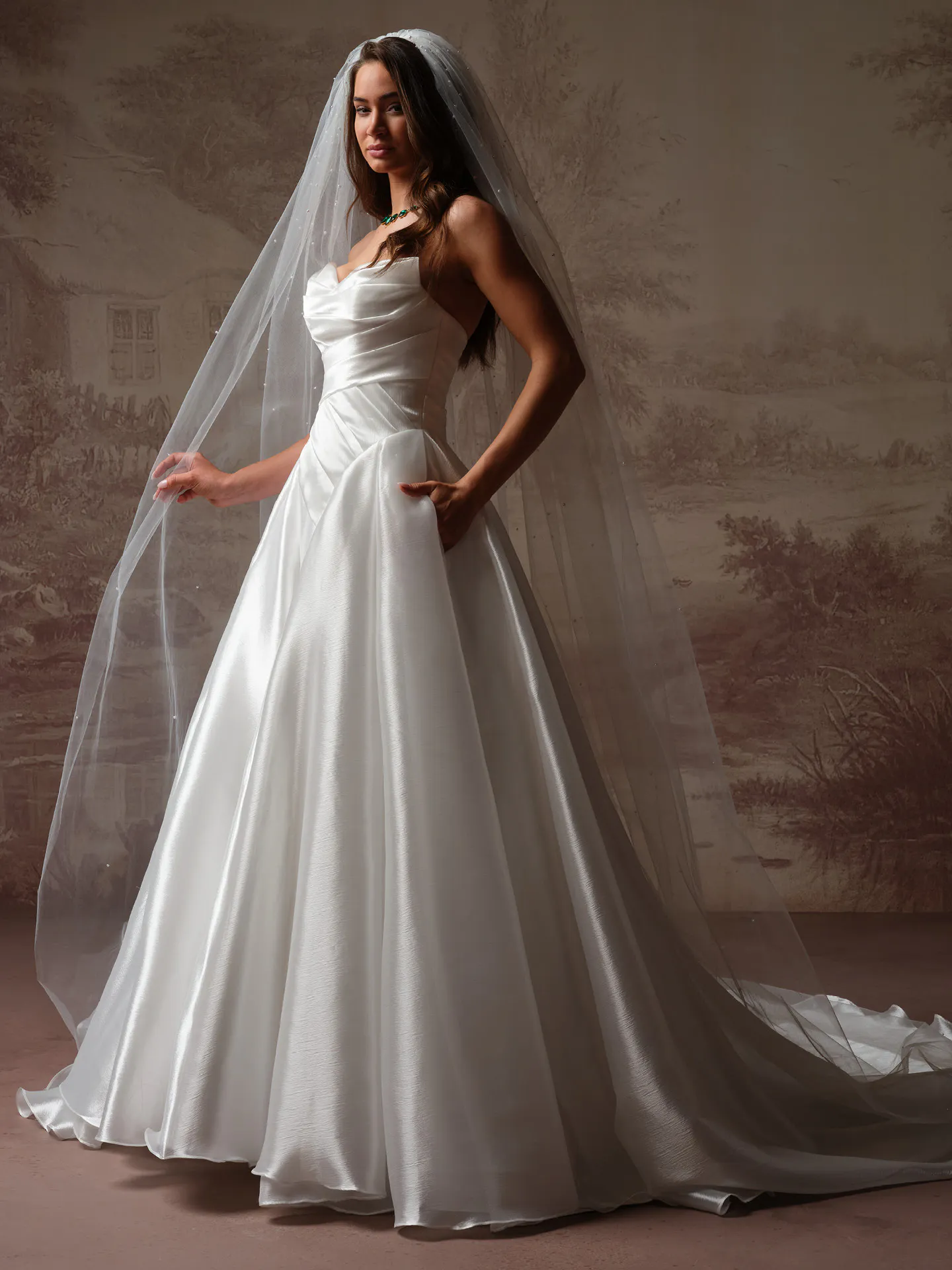 Maggie Sottero Rosamund front view draped bodice ballgown wedding dress.