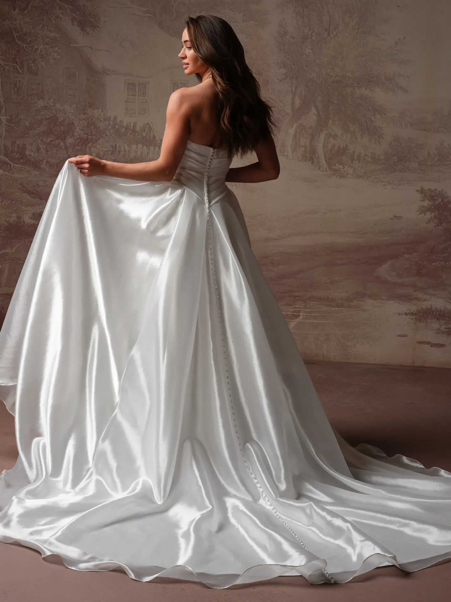 Rosamund ballgown back view with draped bodice, Maggie Sottero.
