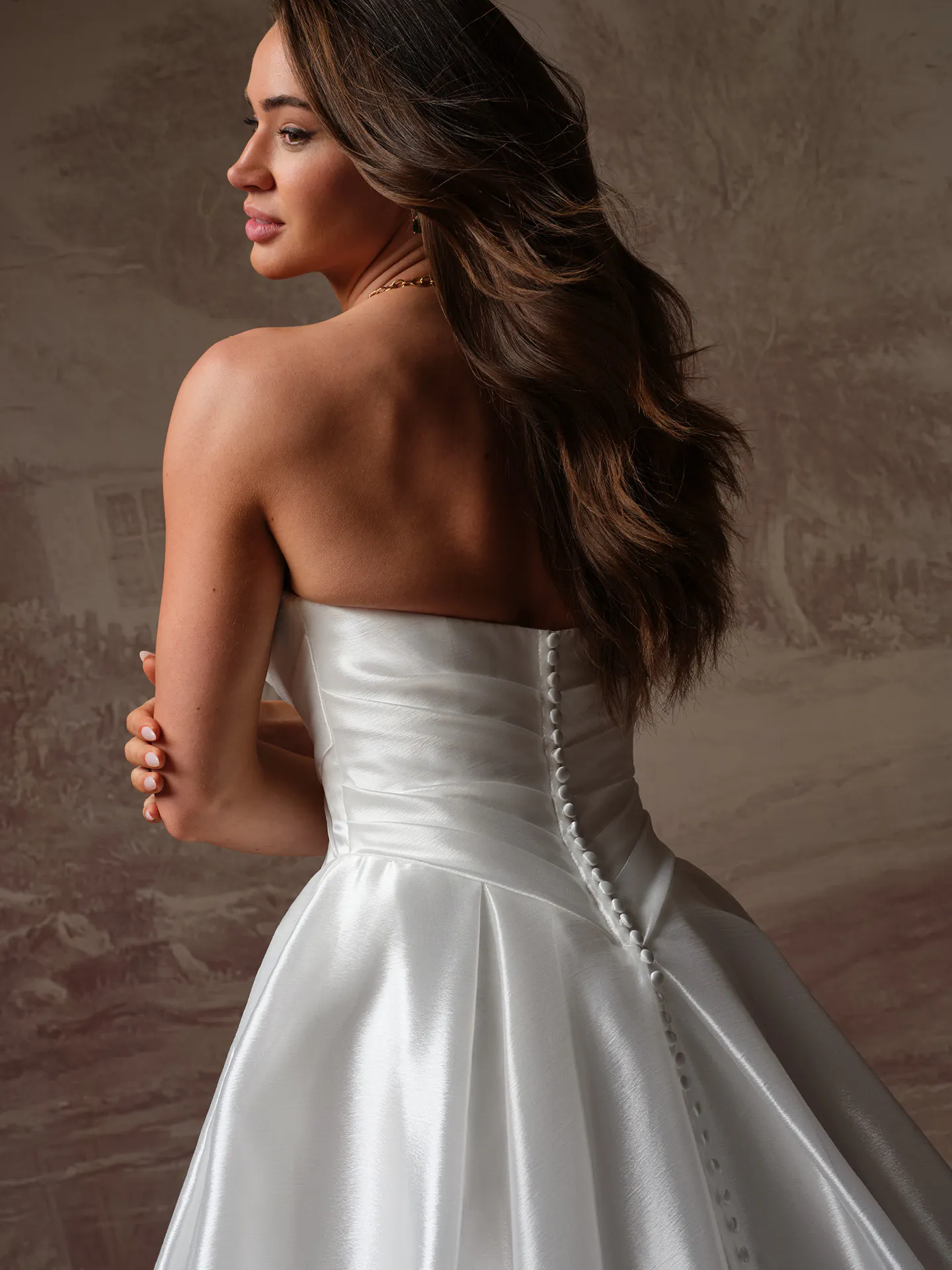 Rosamund ballgown back view with draped bodice by Maggie Sottero.