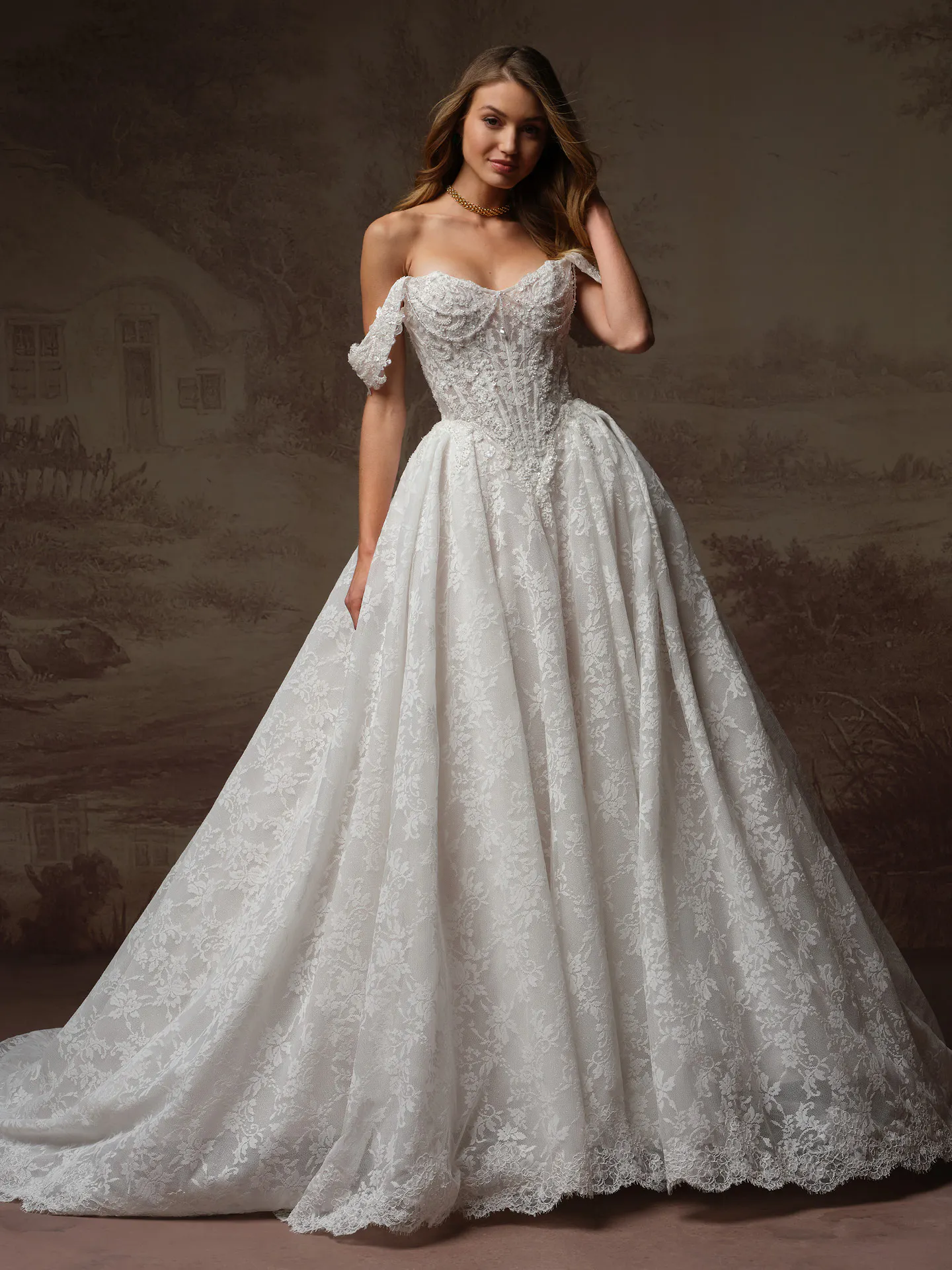 Maggie Sottero Ryland front view ballgown with Chantilly lace and basque waist.