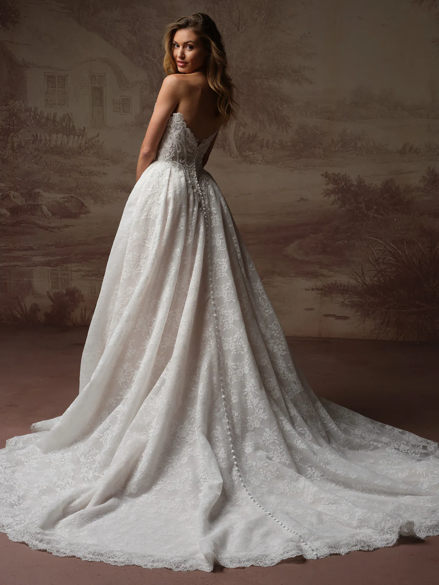 Maggie Sottero Ryland back view ballgown with Chantilly lace.