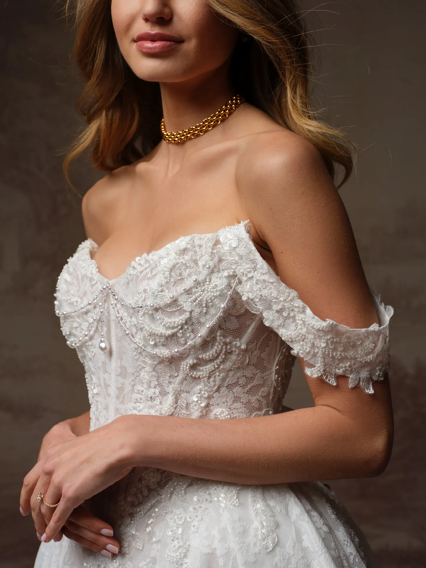 Maggie Sottero Ryland detachable cap sleeves, front view.