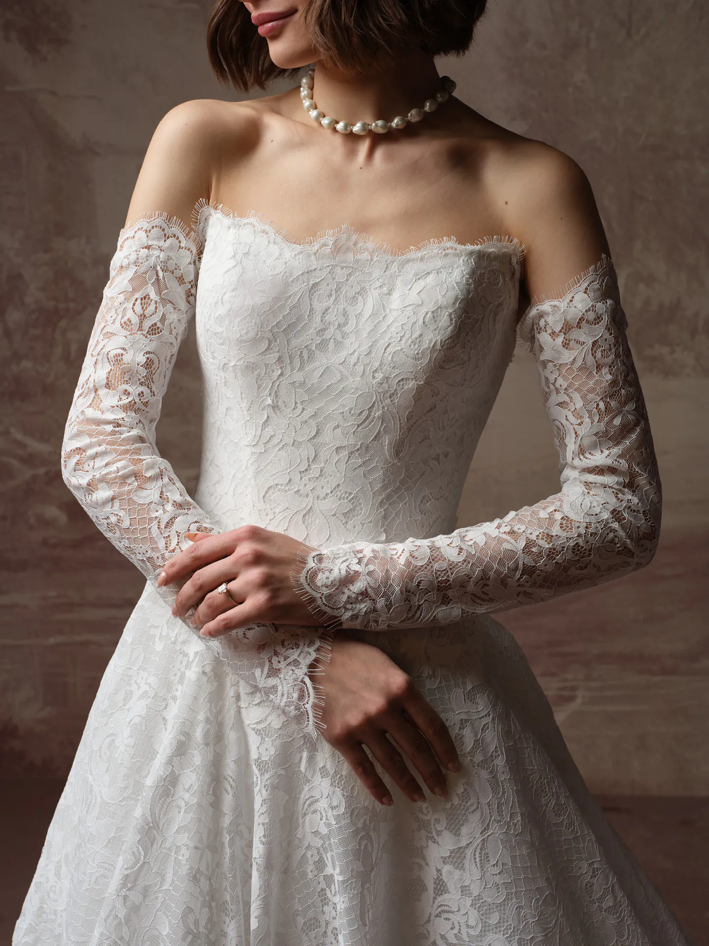 Maggie Sottero Serena detachable sleeves, front view.