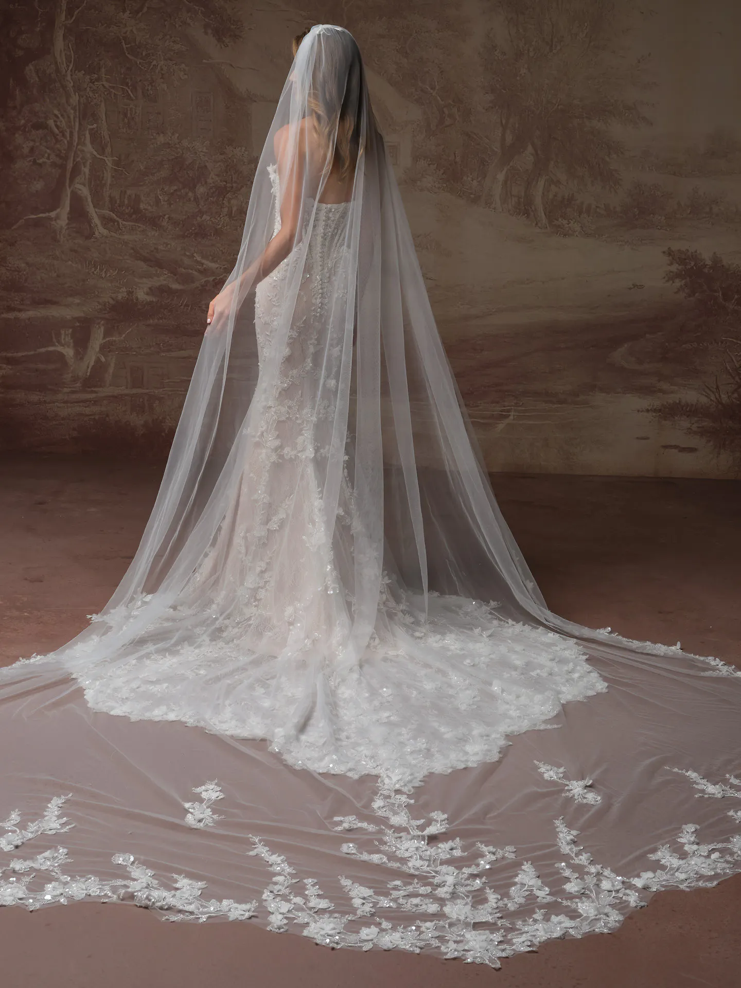Maggie Sottero Stasia back view lace wedding dress with long veil.