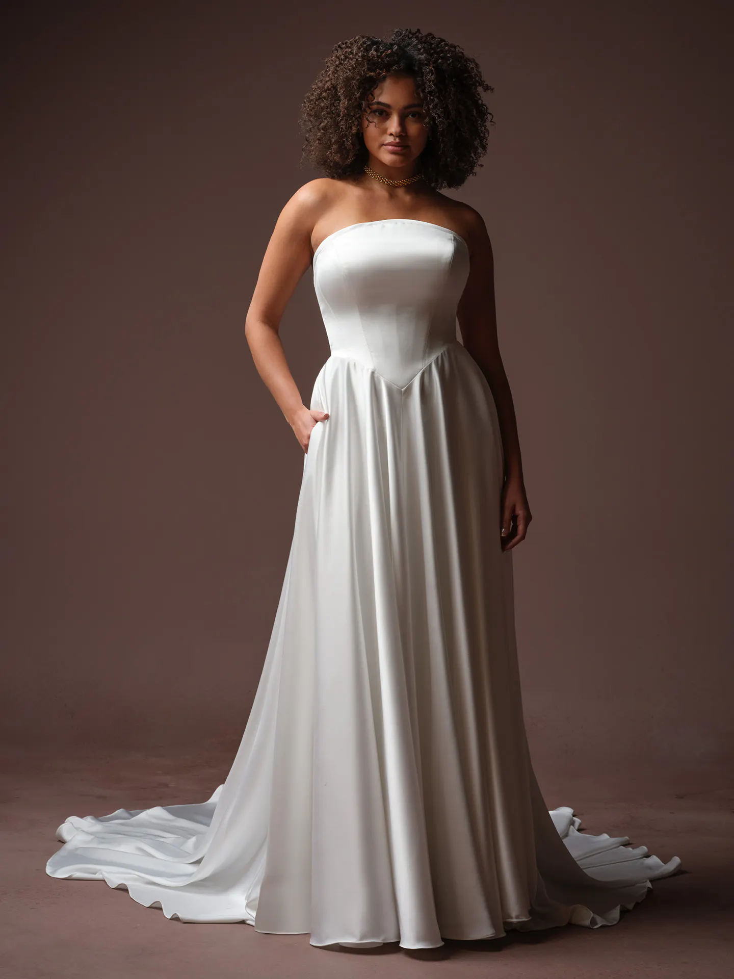 Maggie Sottero Tiffany front view A Line wedding dress with basque waist.