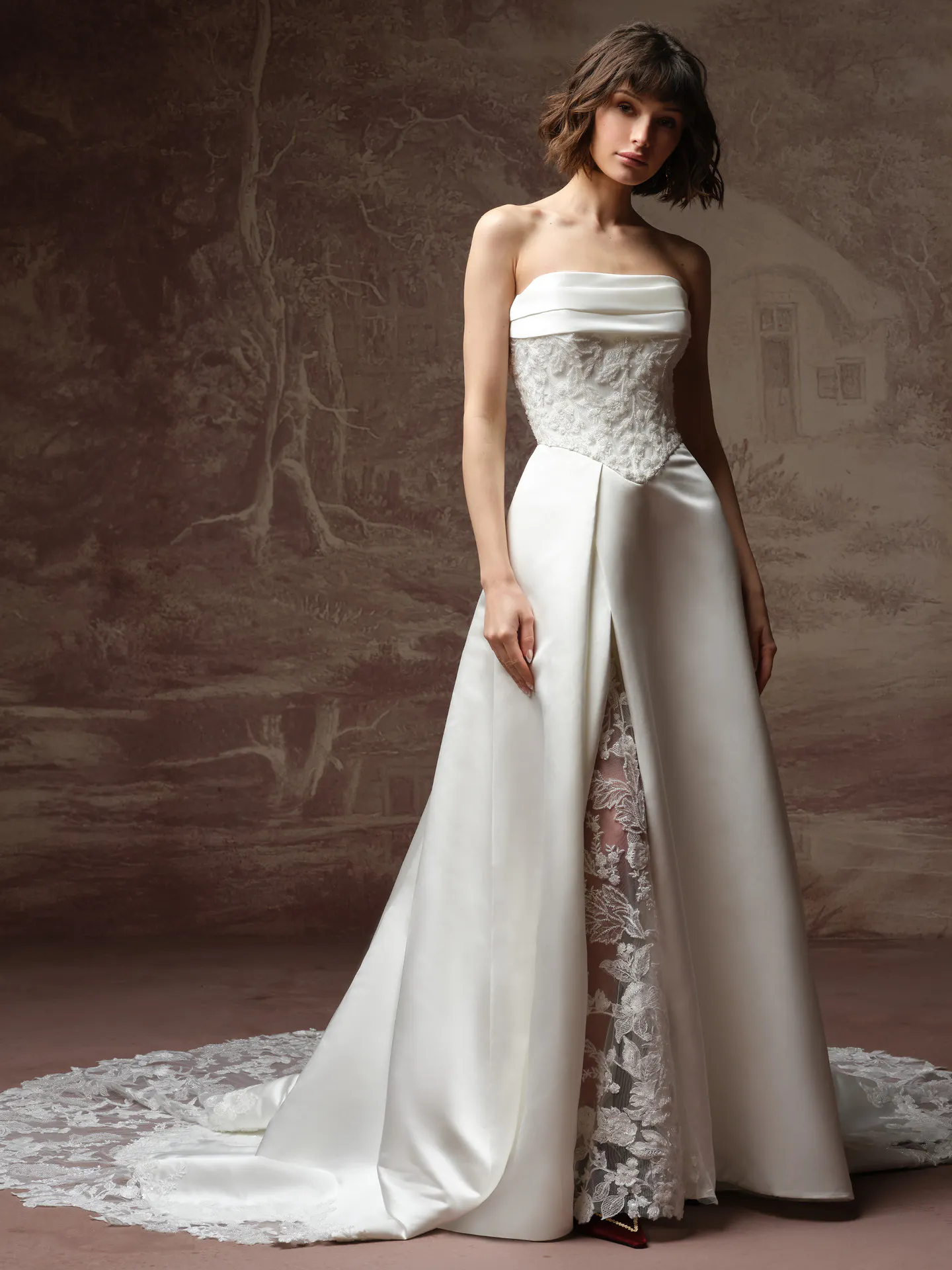 Maggie Sottero Wisteria front view lace bodice basque waist wedding dress.