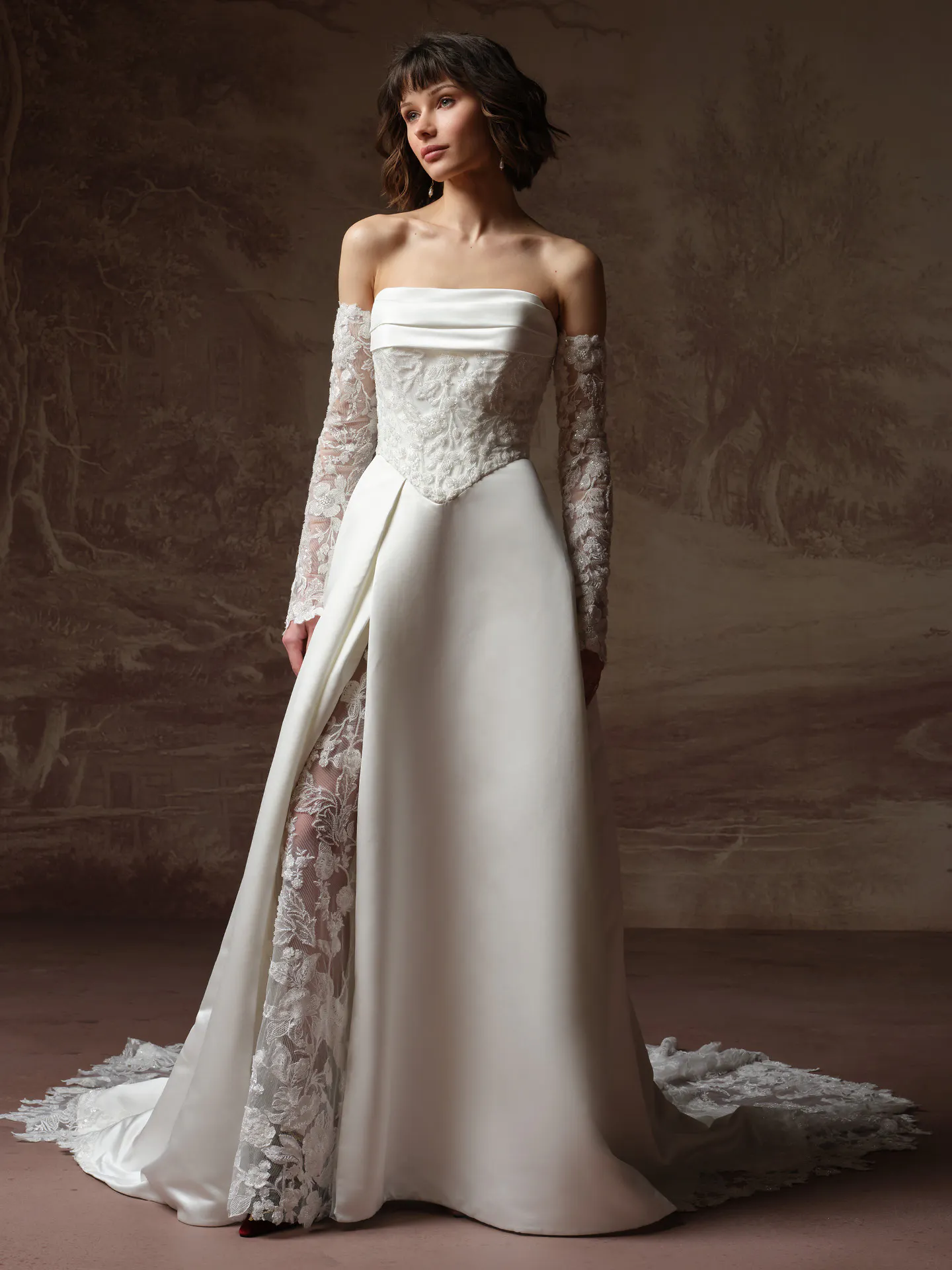 Maggie Sottero Wisteria front view lace bodice basque waist wedding dress.