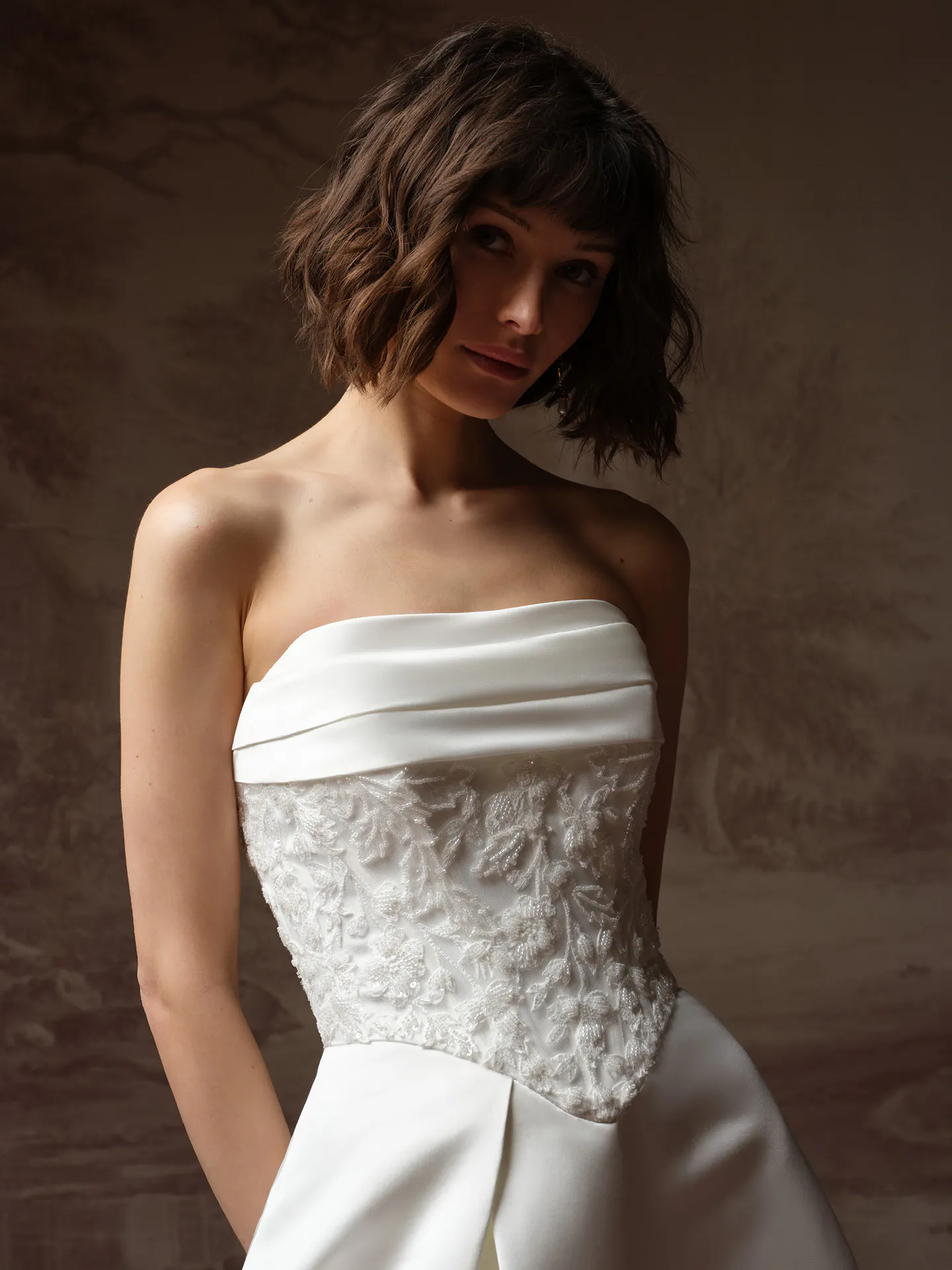 Maggie Sottero Wisteria front view lace bodice wedding dress.