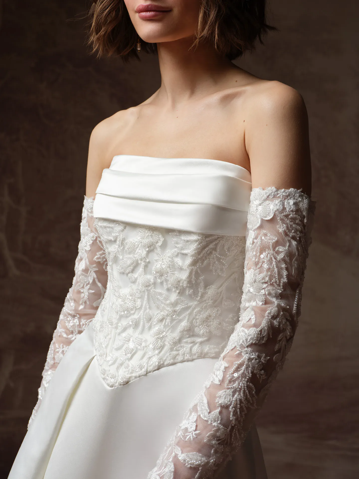Maggie Sottero Wisteria detachable sleeves, front view.
