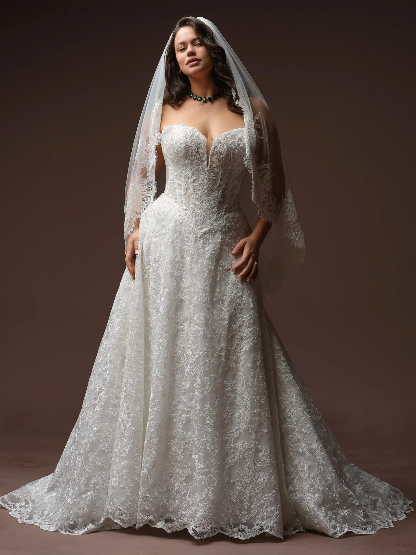 Maggie Sottero Zahia lace wedding dress front view.