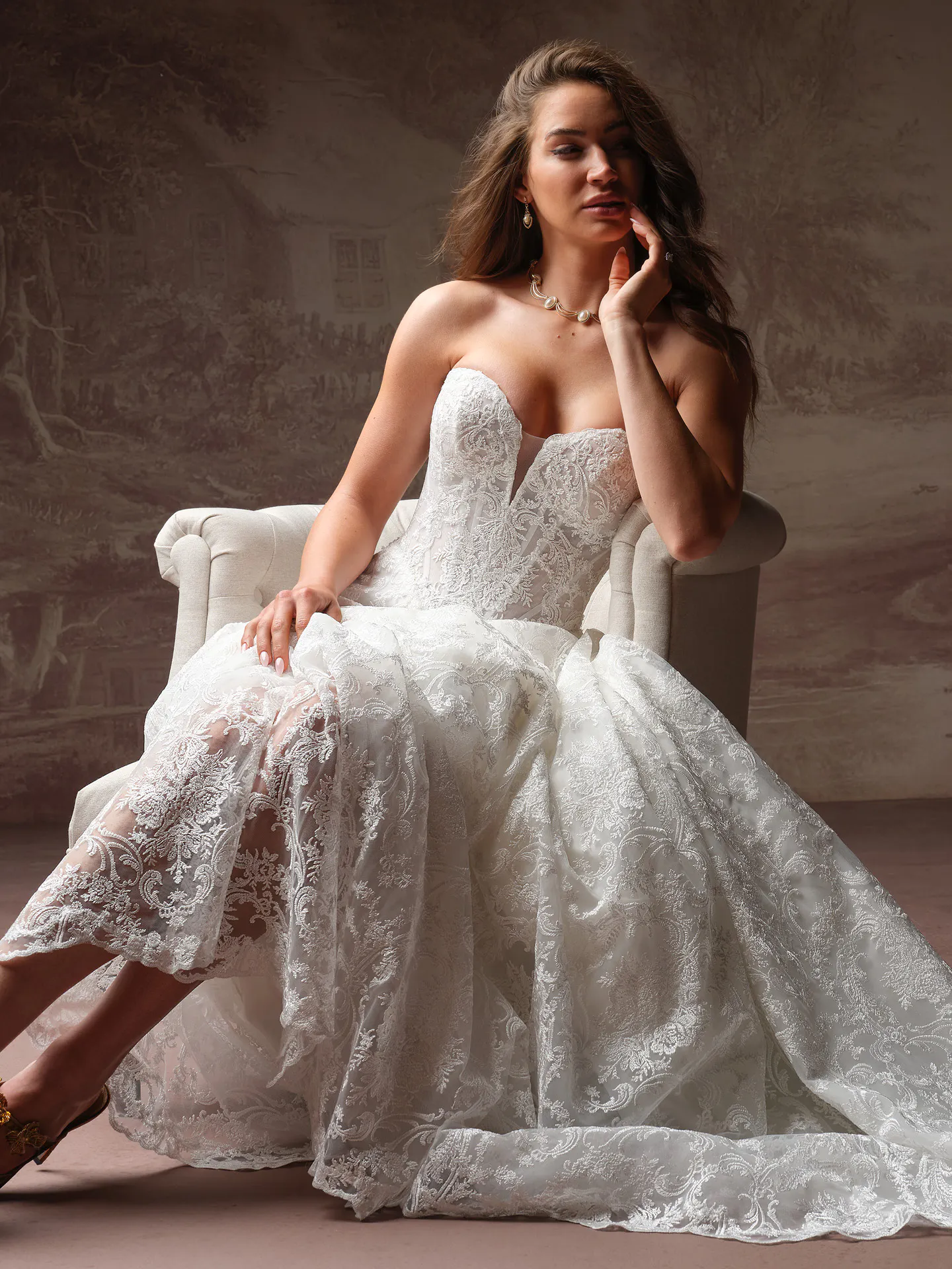 Maggie Sottero Zahia lace V-neck wedding dress front view.