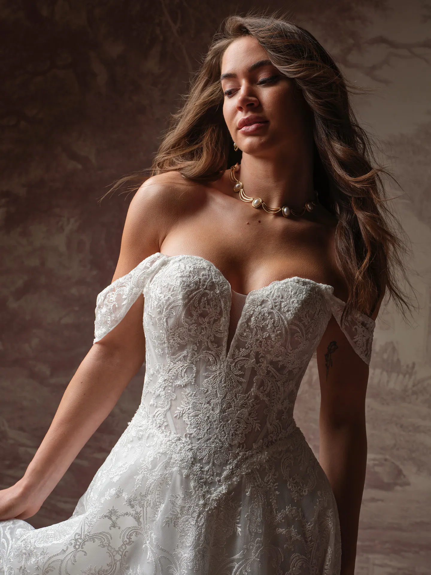 Maggie Sottero Zahia lace V-neck dress front view.