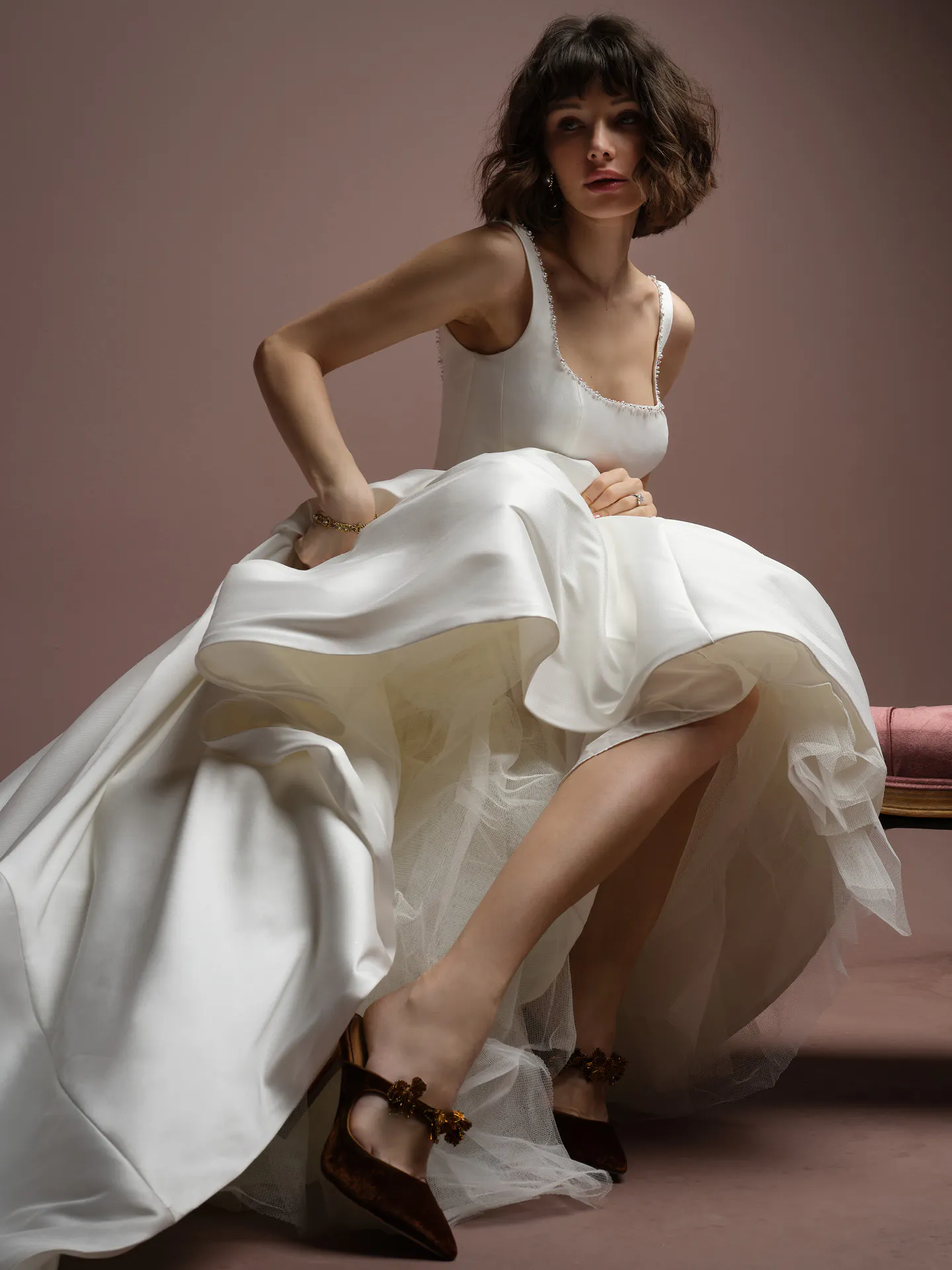 Zurielle crystal pearl neckline ballgown dress by Maggie Sottero, side view.