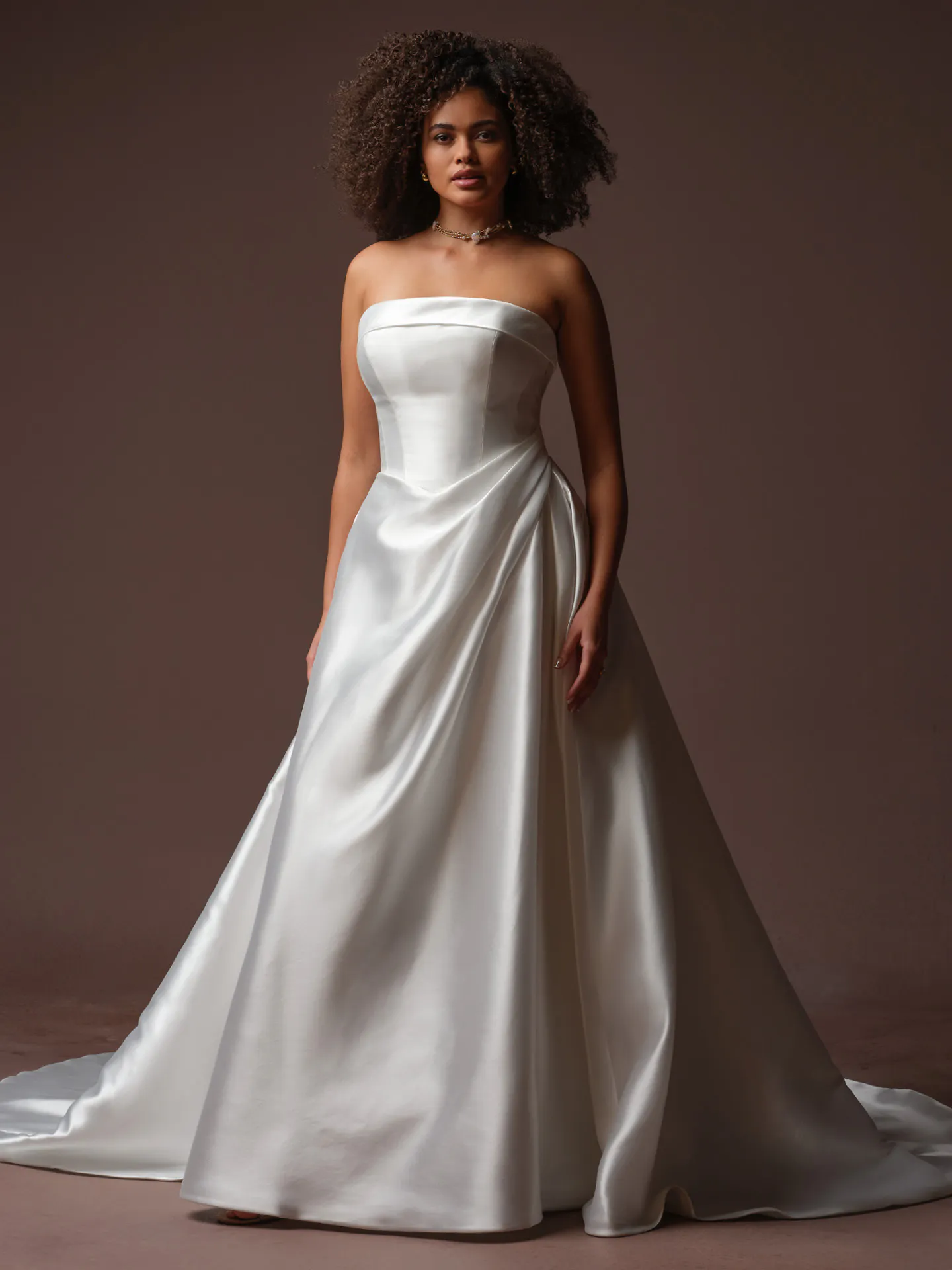 Rebecca Ingram Agatha Mikado strapless gown, front view.