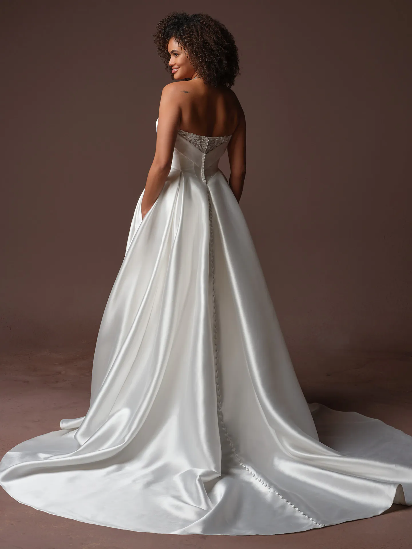 Rebecca Ingram Agatha, back view strapless lace mikado wedding dress.
