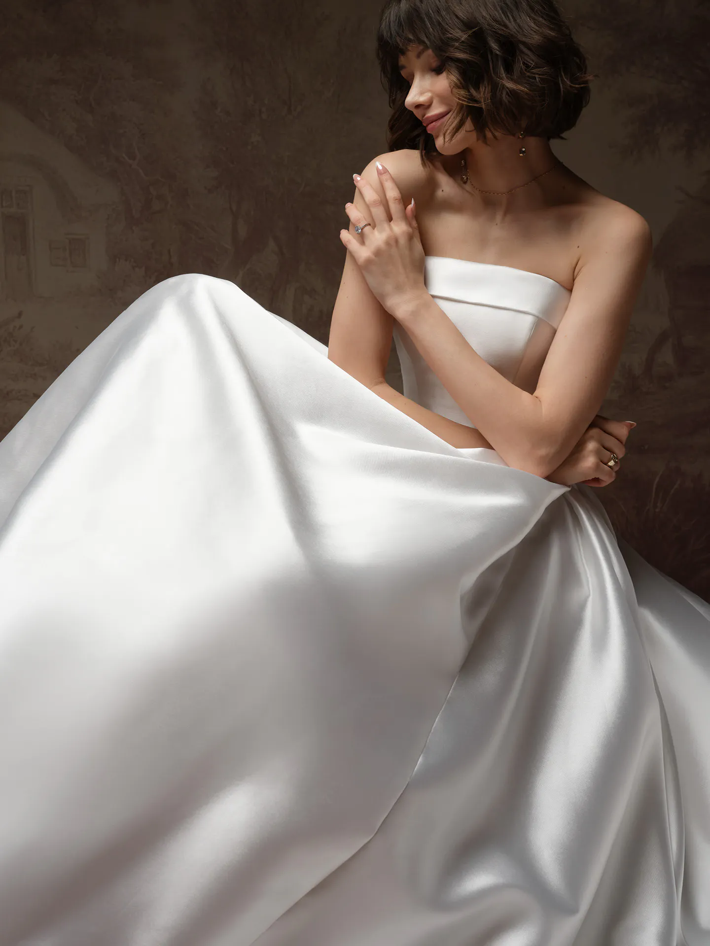 Rebecca Ingram Agatha mikado strapless silk gown, front view.