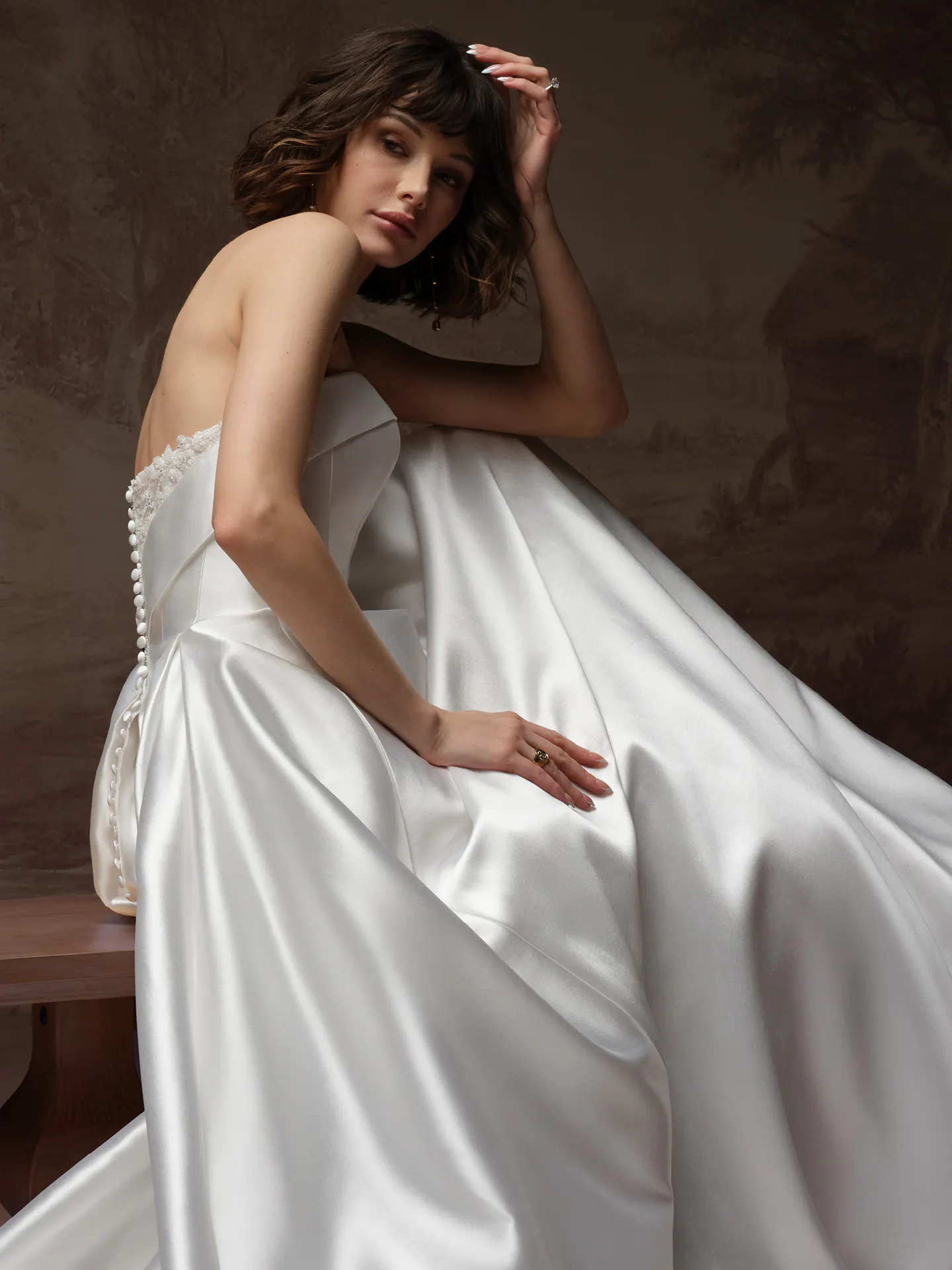 Rebecca Ingram Agatha strapless mikado gown, side view.