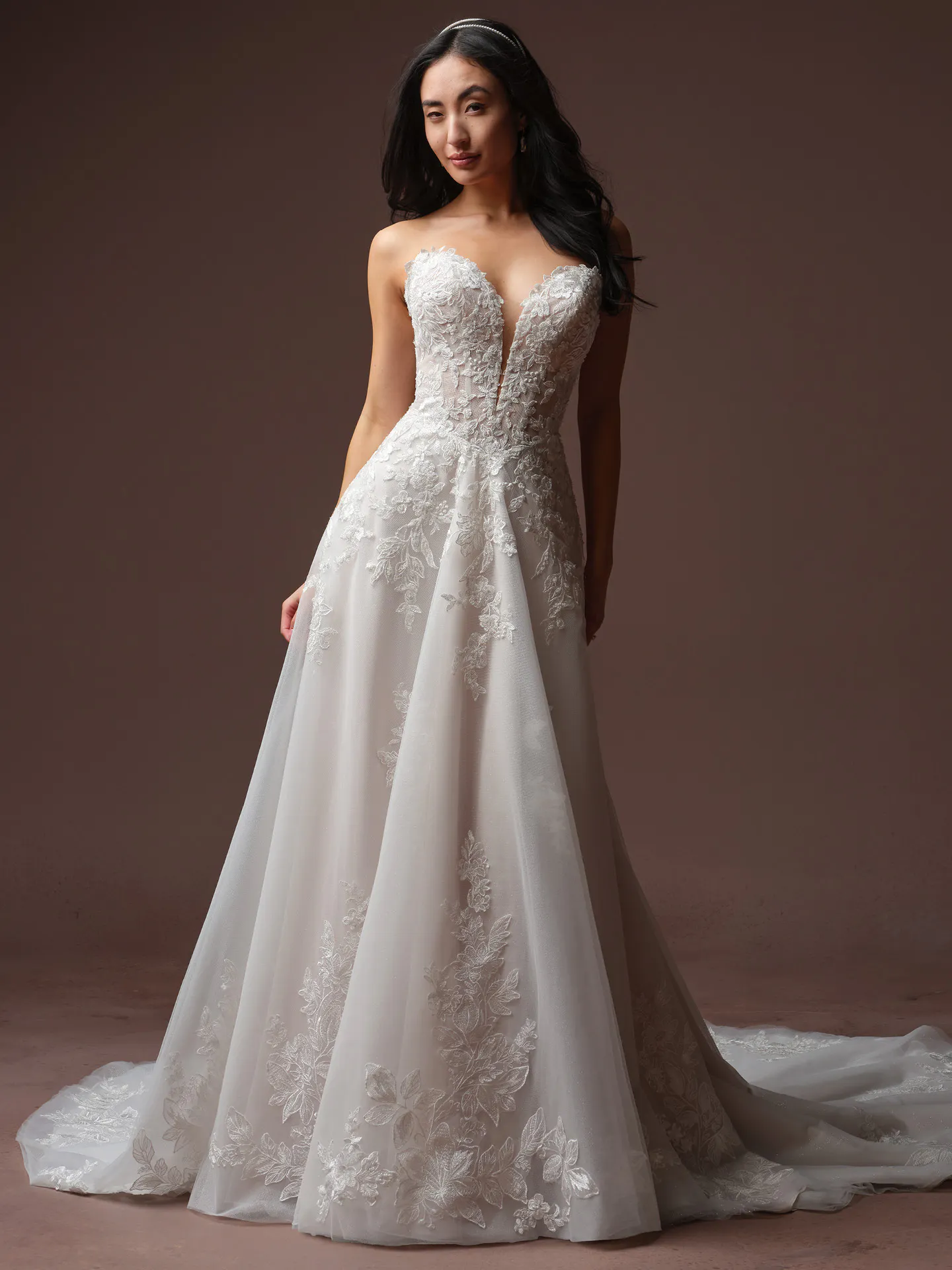Rebecca Ingram Bernadine, front view, beaded lace sparkle tulle wedding dress.