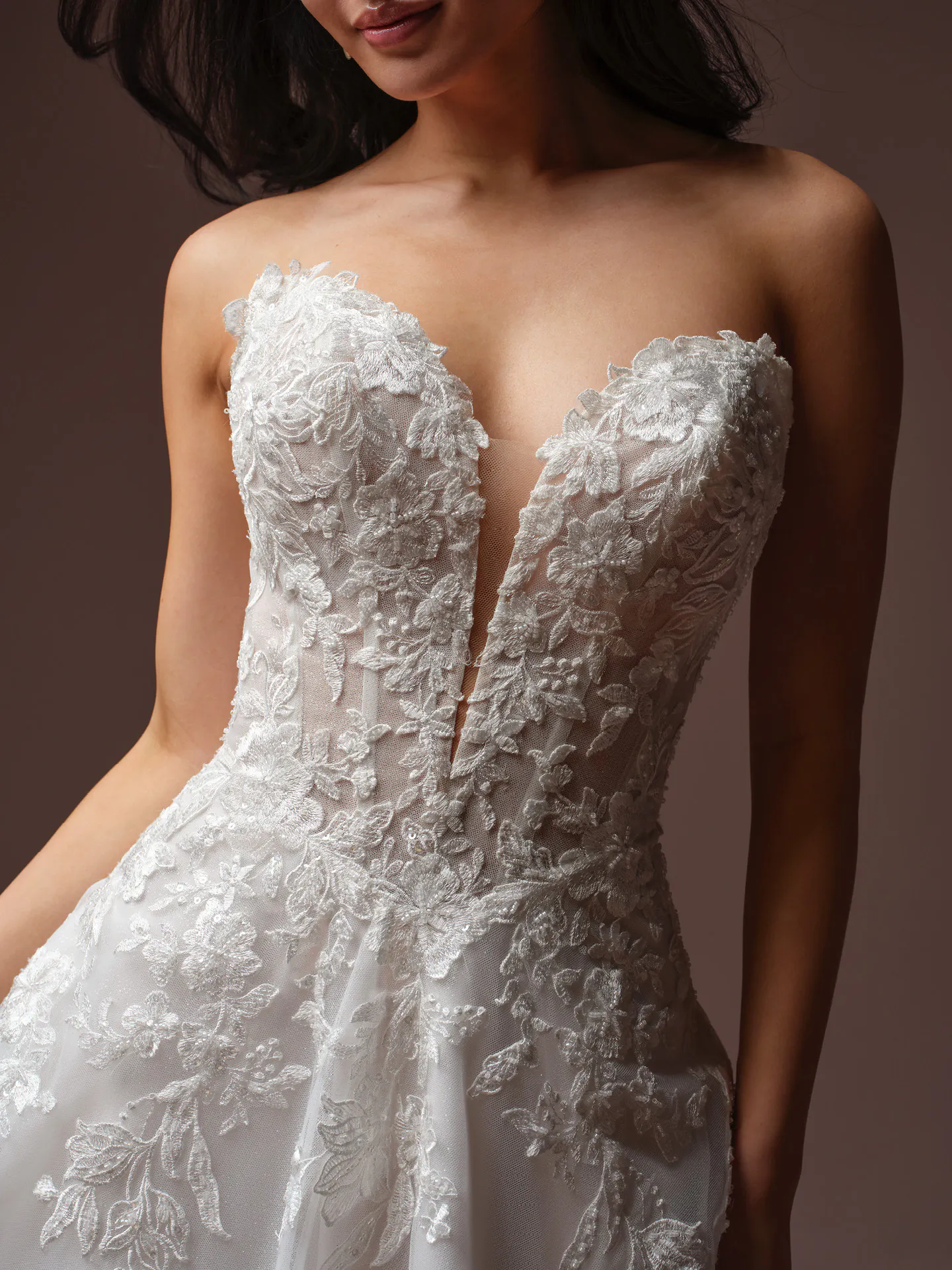Rebecca Ingram Bernadine, front view lace and tulle wedding dress.
