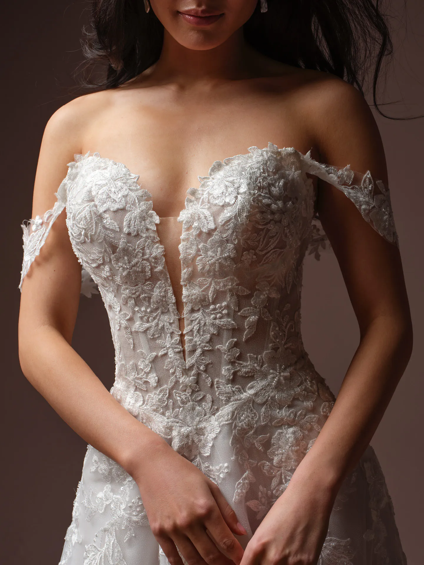 Rebecca Ingram Bernadine, front view, beaded lace sparkle tulle wedding dress.