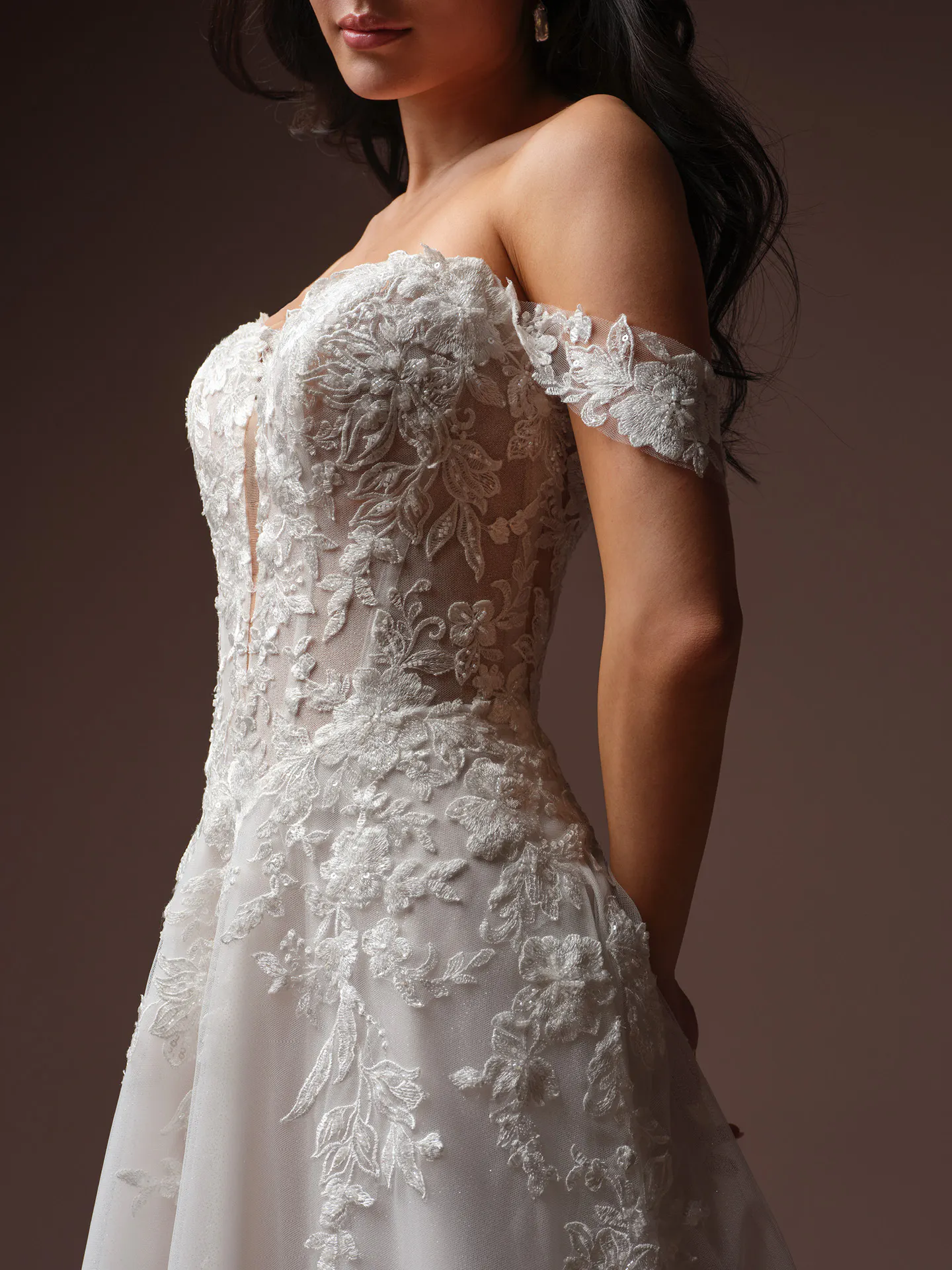 Rebecca Ingram Bernadine, front view beaded lace sparkle tulle wedding dress.