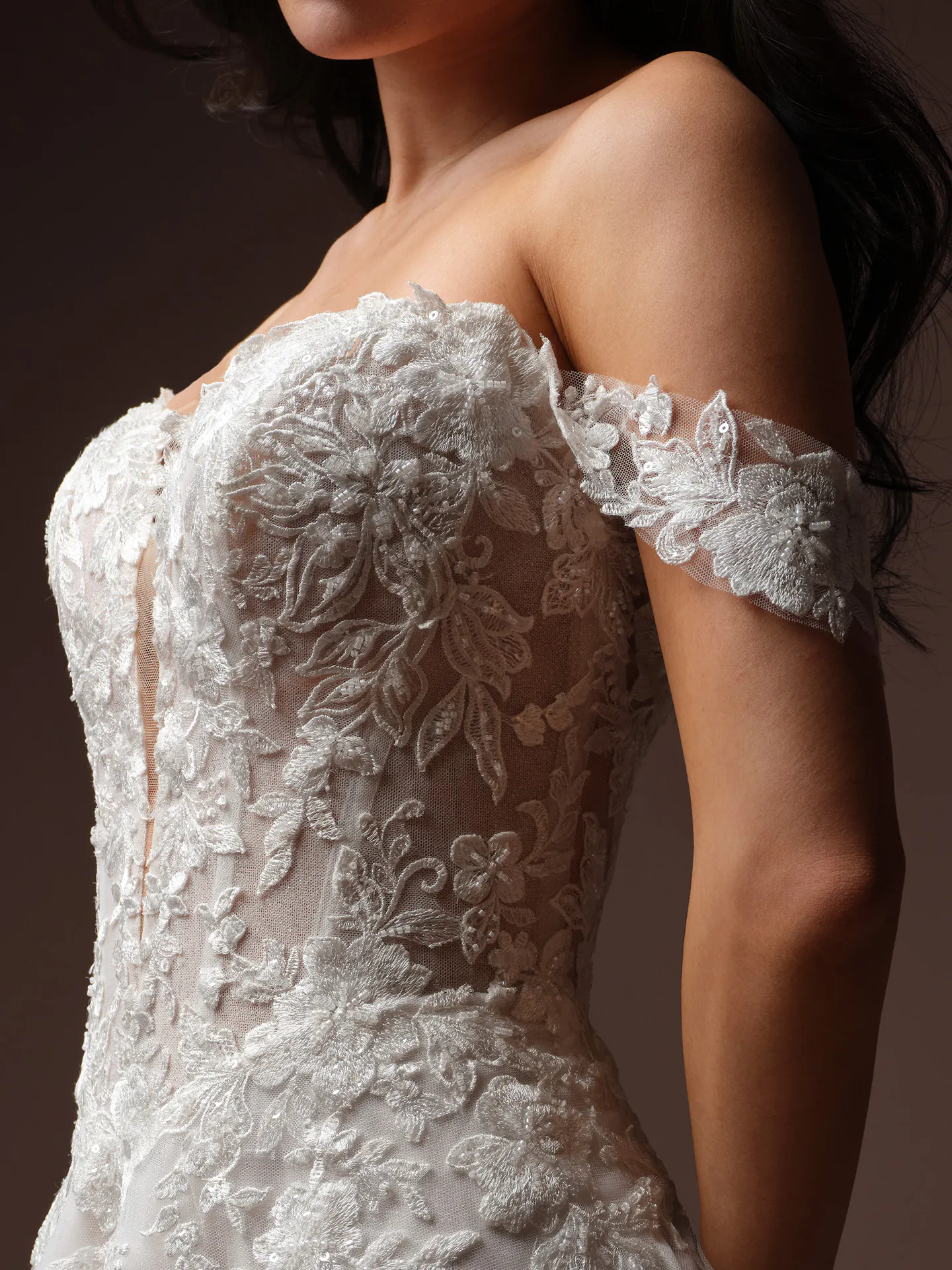 Rebecca Ingram Bernadine detachable cap sleeves, front view.