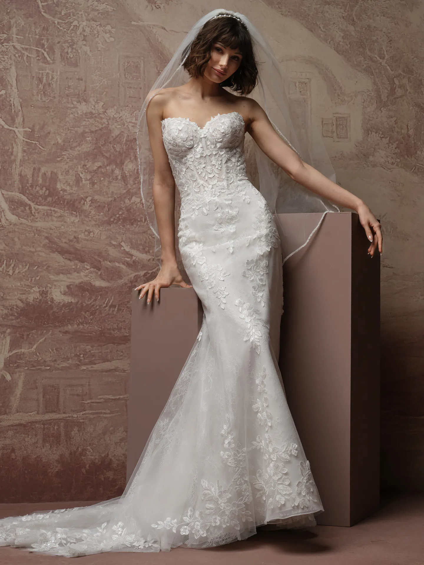 Rebecca Ingram Brandy, front view sequin lace wedding dress with basque waist.