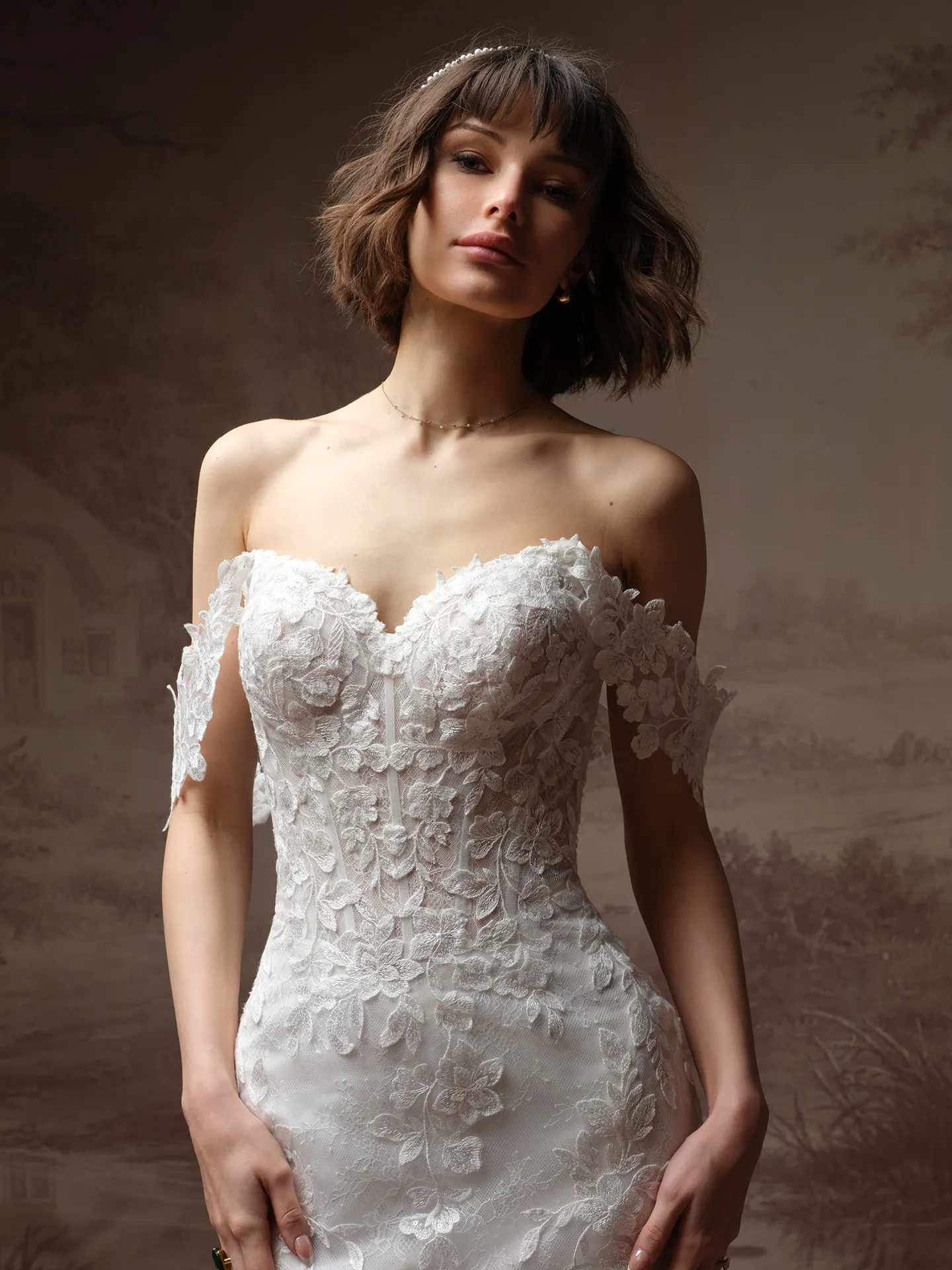 Rebecca Ingram Brandy sequin lace wedding dress, front view.