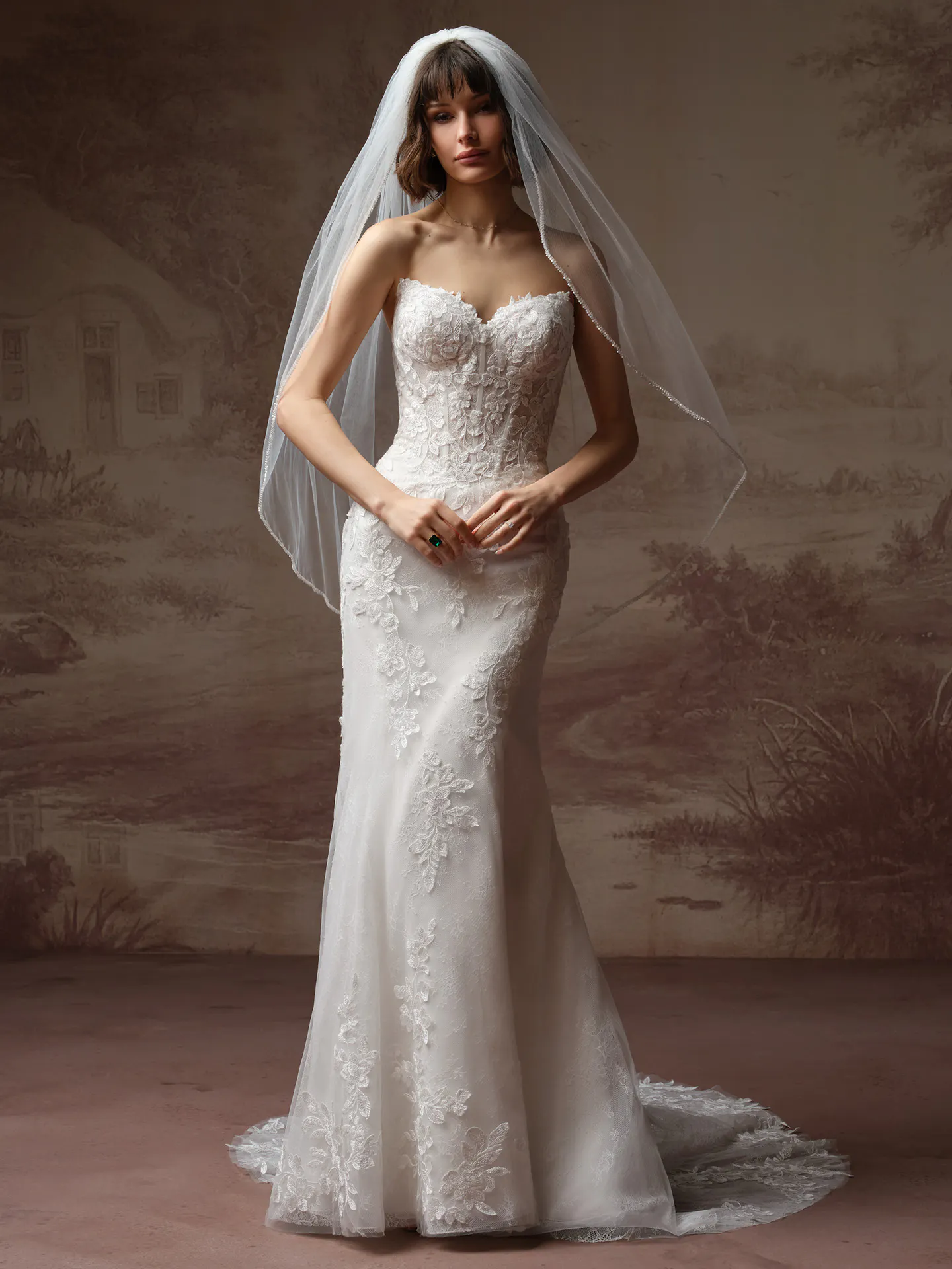 Rebecca Ingram Brandy, front view lace basque waist wedding dress with veil.