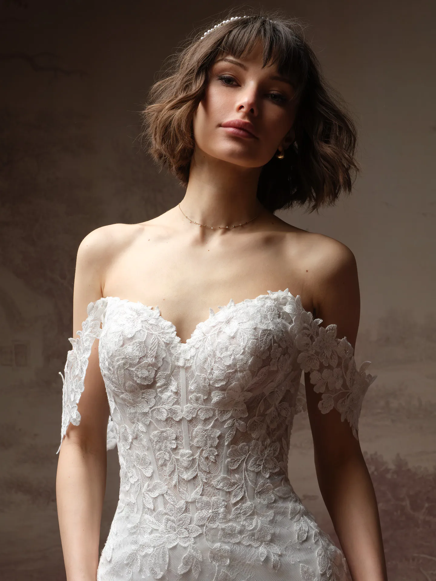 Rebecca Ingram Brandy detachable cap sleeves, front view.