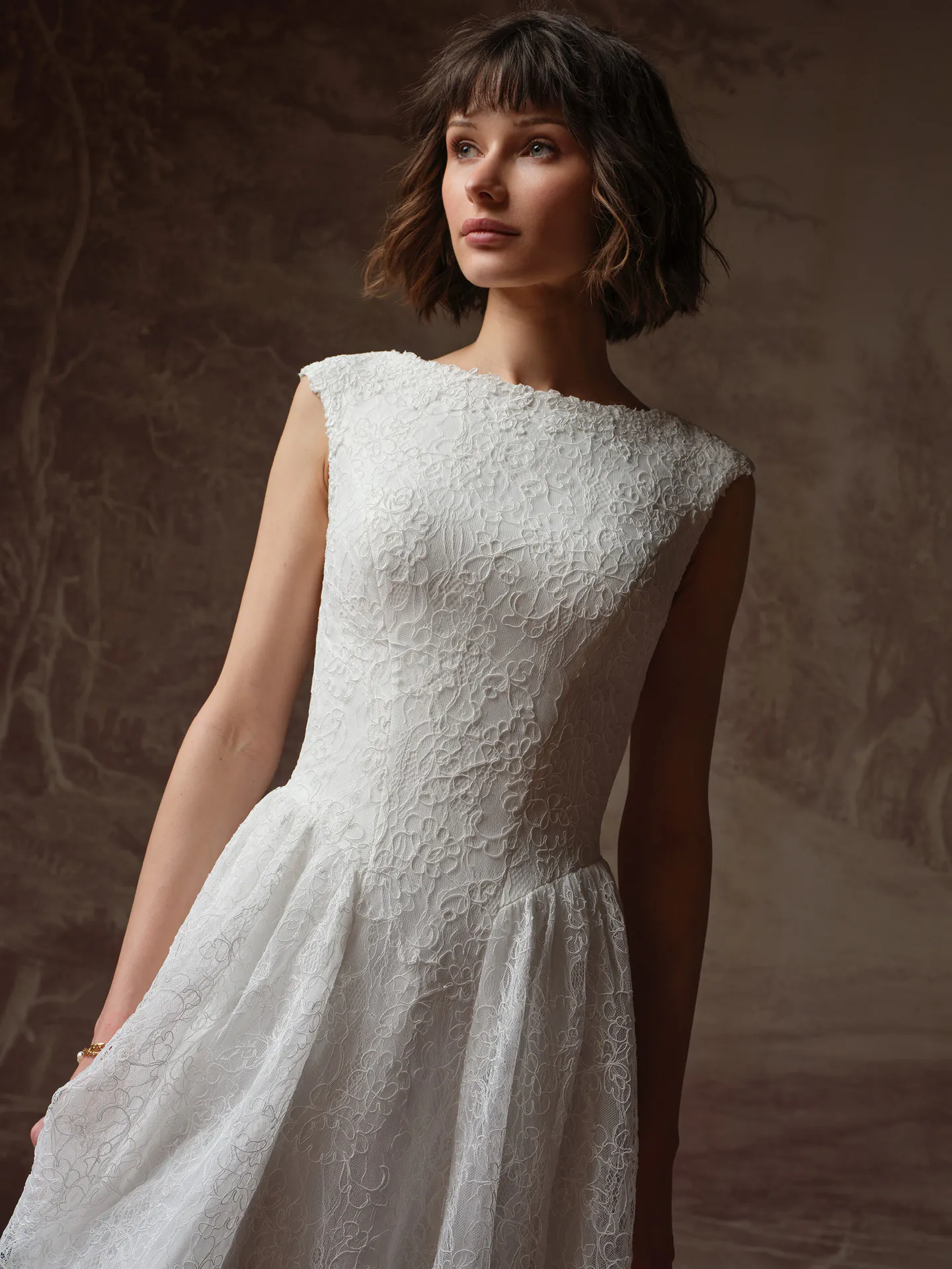 Rebecca Ingram Briar, front view, lace high neck A-line wedding dress.